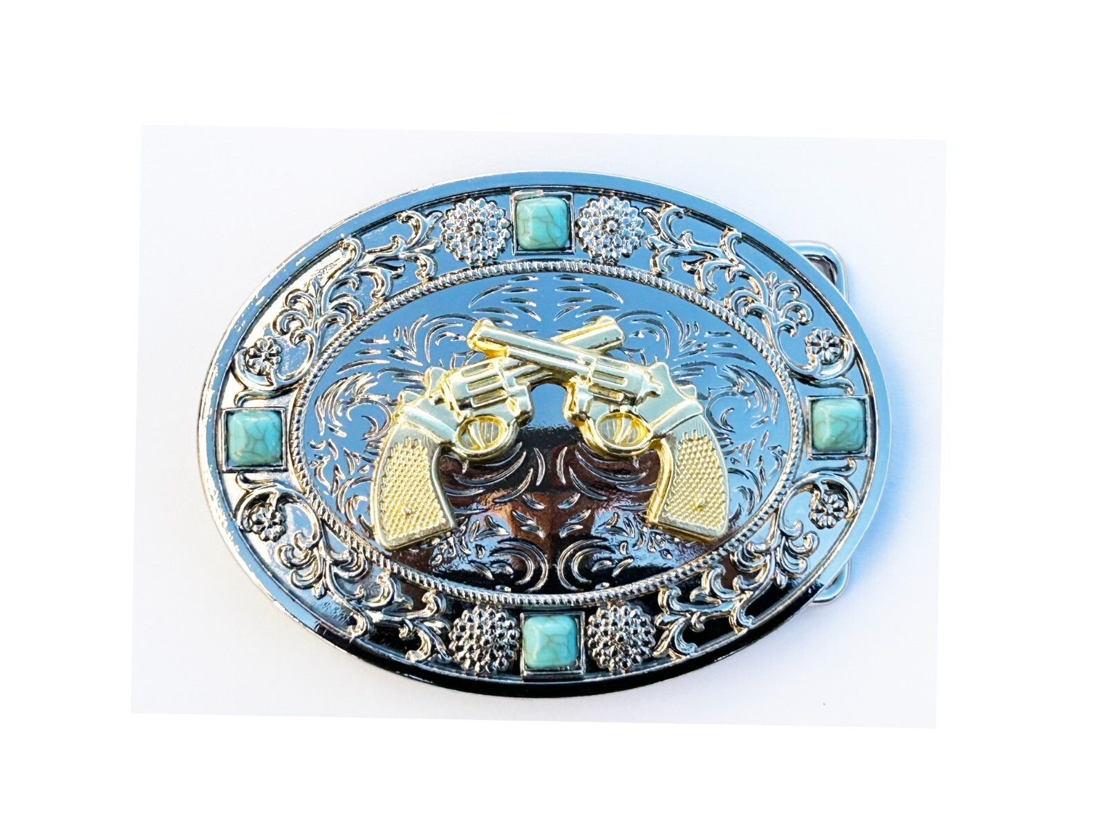 Western Guns Buckle Men Unisex Turquoise Silver Chrome Oval Engraved Fit 2 »