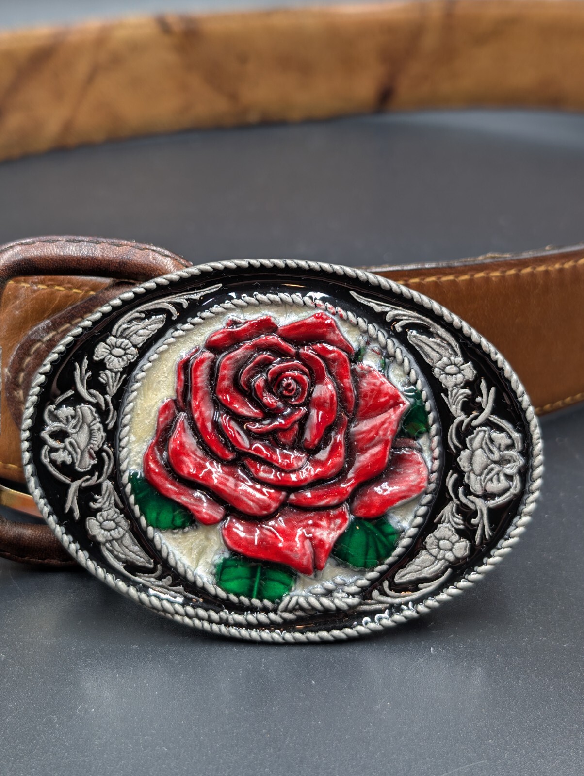 Vintage Siskiyou 1991 Pewter Belt Buckle Red Rose Enamel Ashland, Oregon