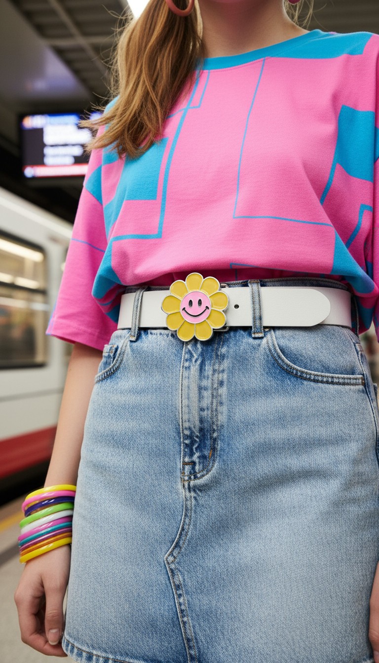 Unisex Belt Buckle Teens Women Retro Fashion Yellow Flower Emoji Cartoon Smile