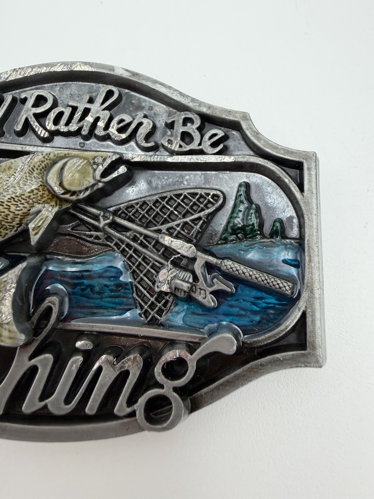 “I&rsquo;d Rather Be Fishing” Novelty Humor Belt Buckle Silver Tone Enamel Preowned