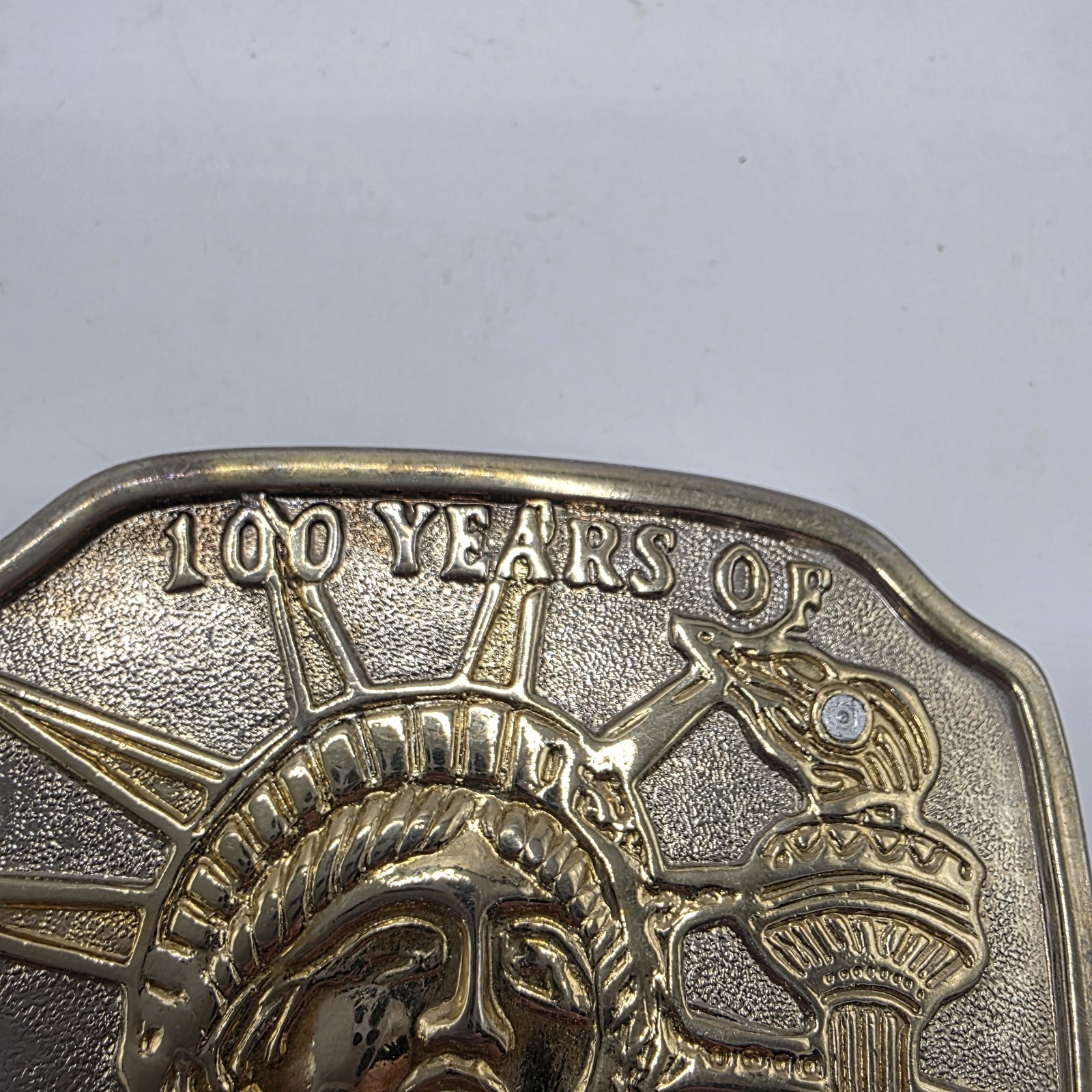Vintage 100 Years of Liberty 1986 Gold Tone Metal Belt Buckle. Great Condition