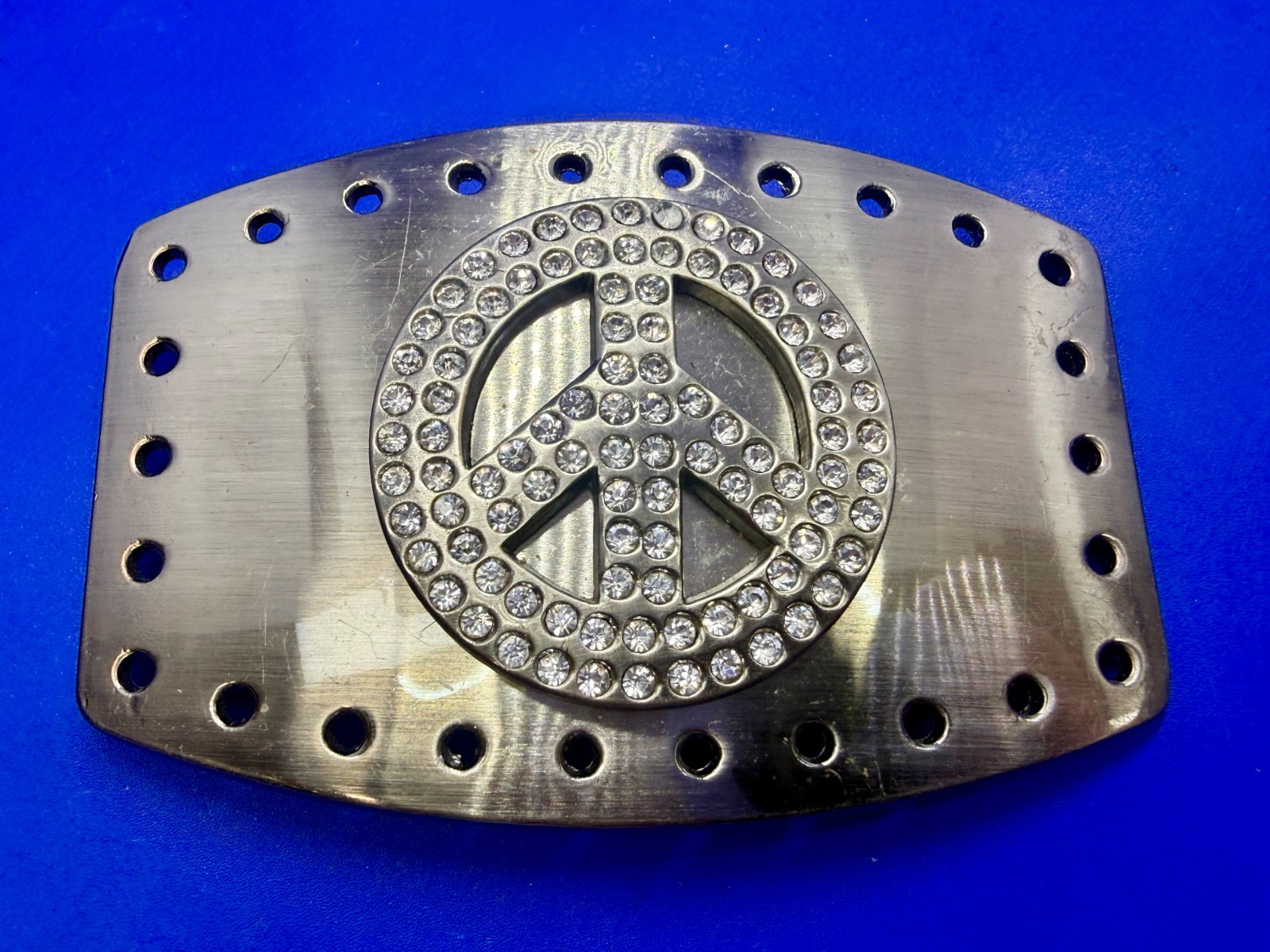 Peace Symbol Sign Rhinestone Bling Hole Border Hippy Silver Tone Belt Buckle
