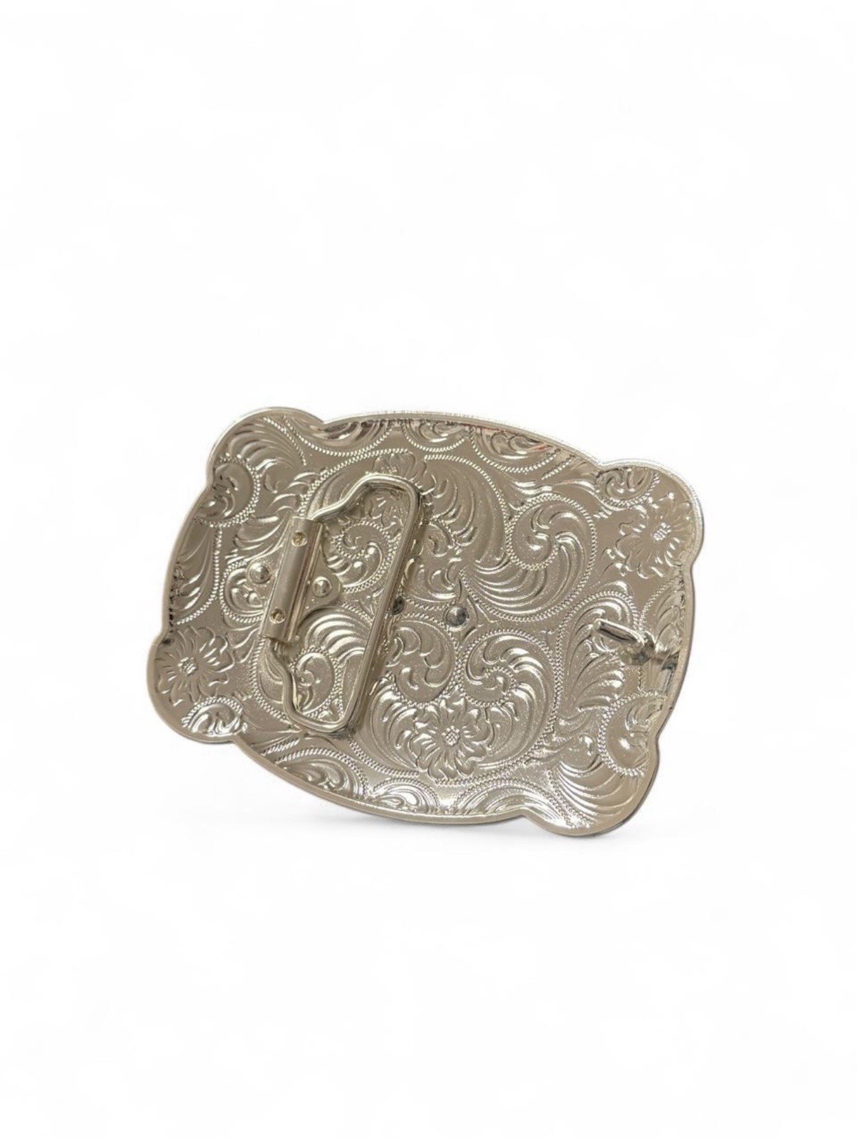 Silver & Gold Longhorn Belt Buckle with Ornate Floral and Scrollwork Design