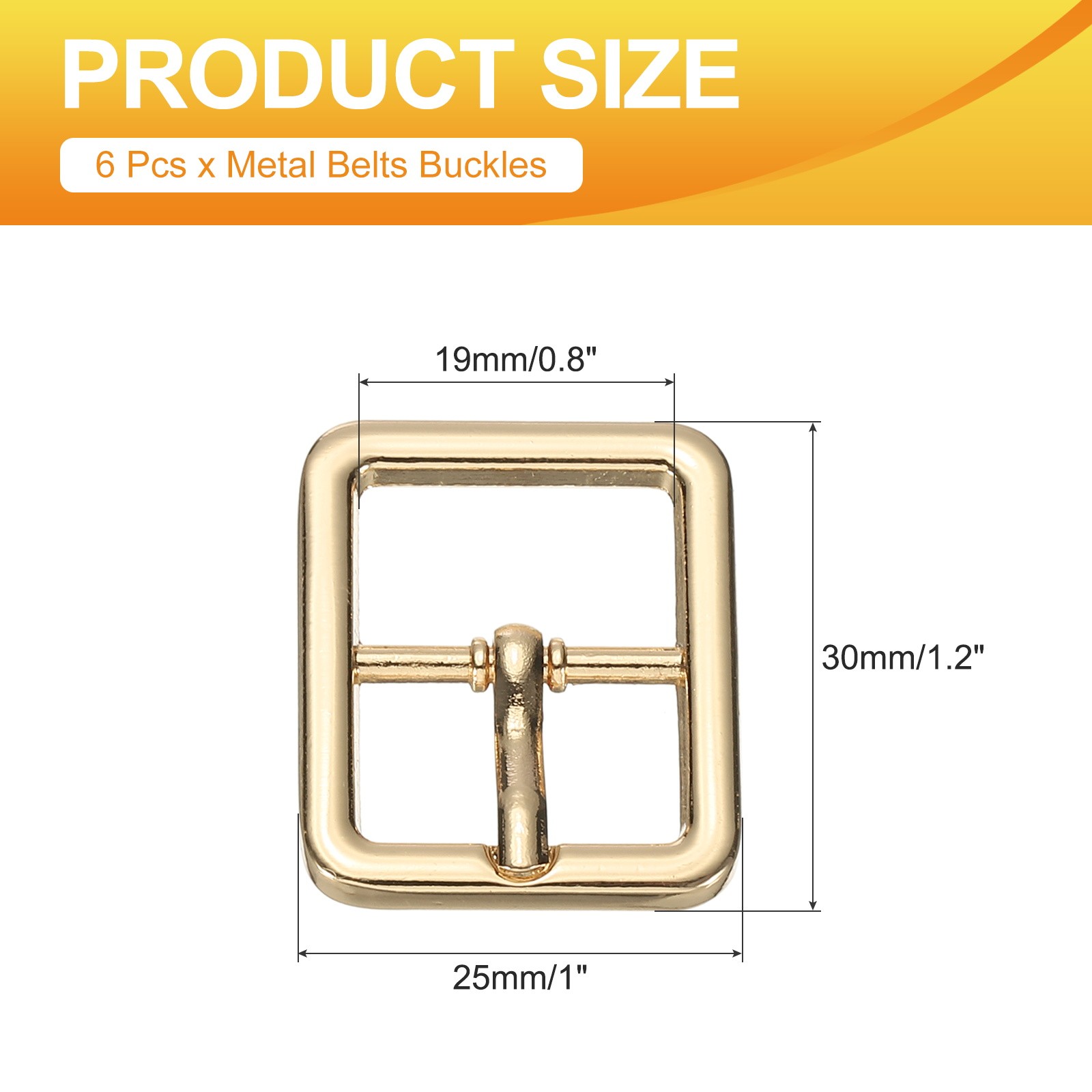 6 Pcs 0.8 Inch Single Prong Buckle Square Center Bar Buckle, Gold Tone