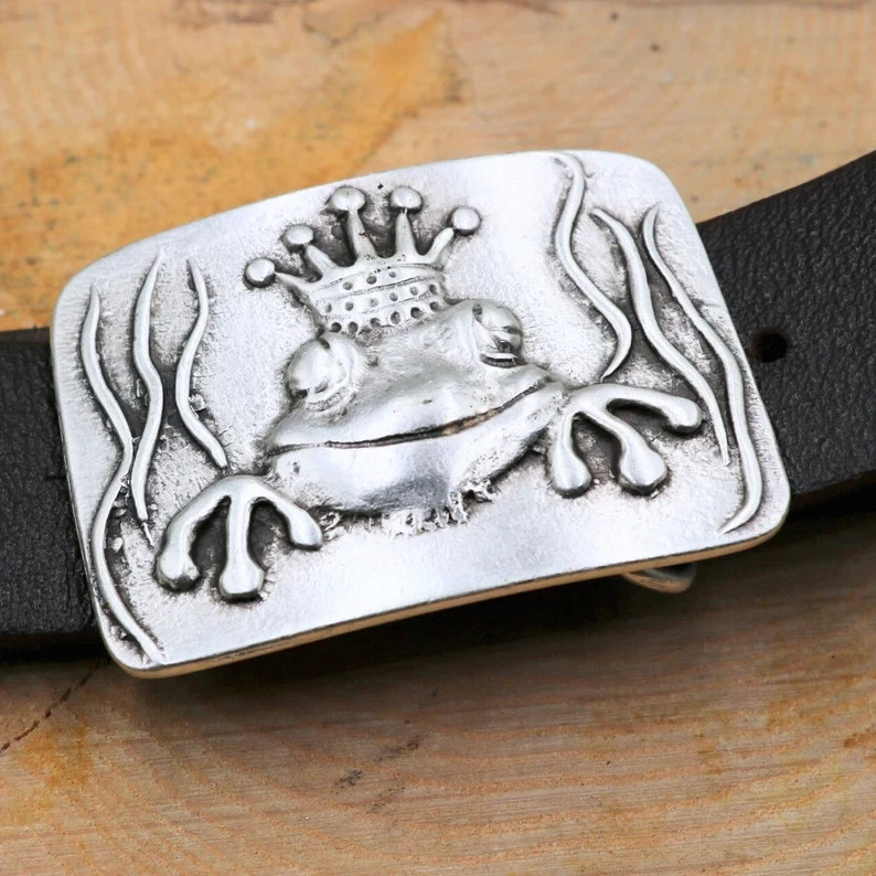 Antique Silver Frog King Crown Fairytale Belt Buckle