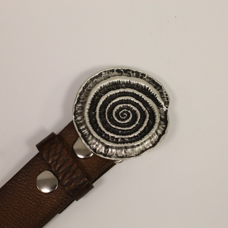 Round Spiral Fossil Belt Buckle in Antique Silver, Snail Design, Metal