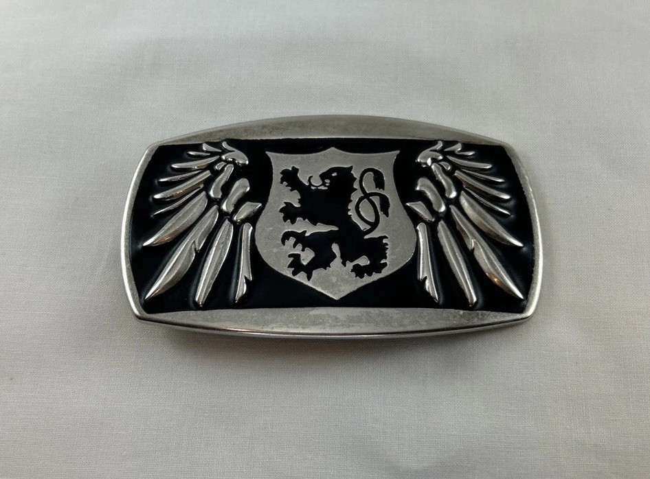 VTG Biker Rampant Lion Crest Shield Design Silver Black Enameled Belt Buckle