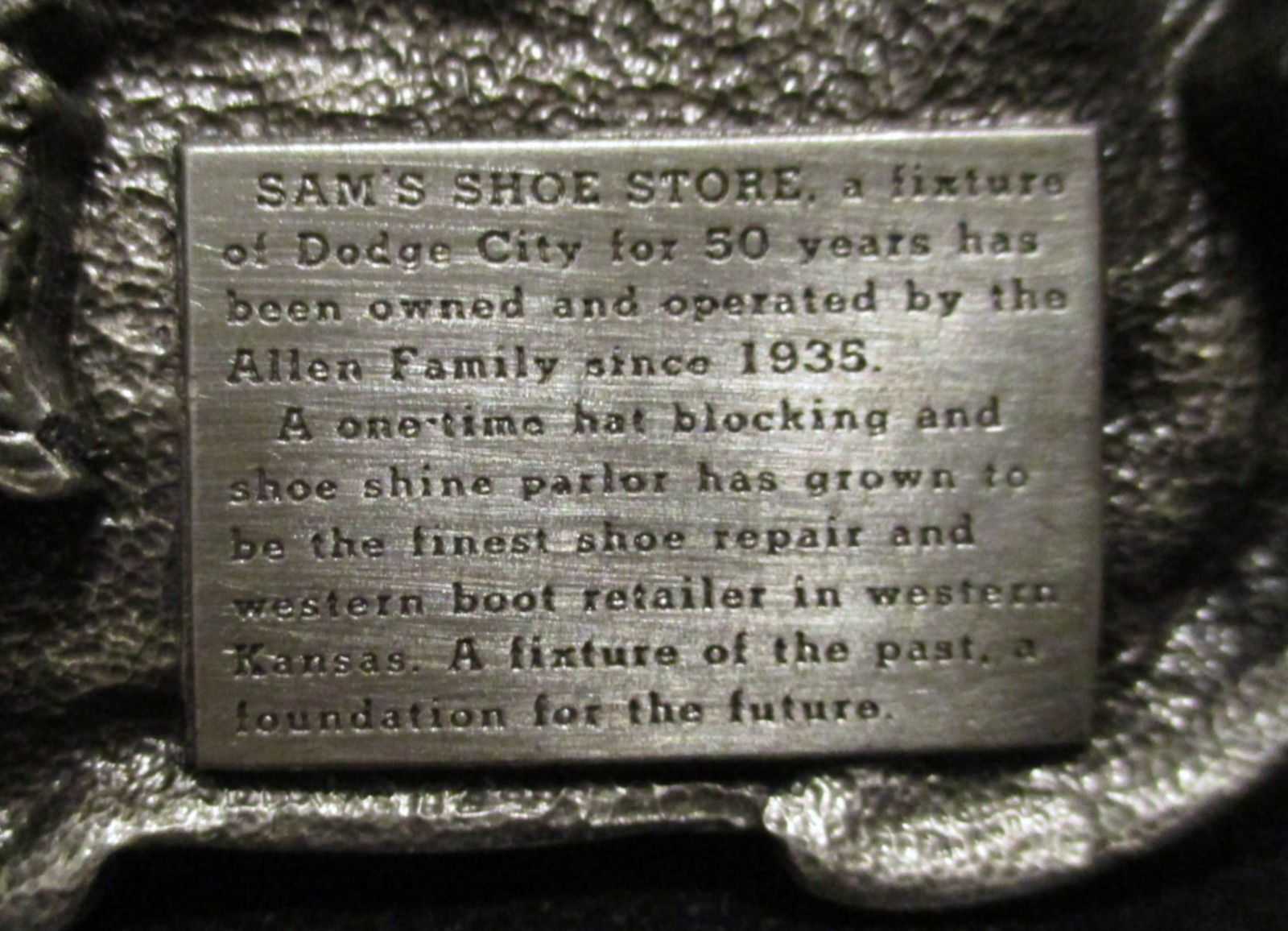 Dodge City Kansas SAM&rsquo;S SHOE STORE 1985 Pewter Belt Buckle Allen Cowboyboy Boots