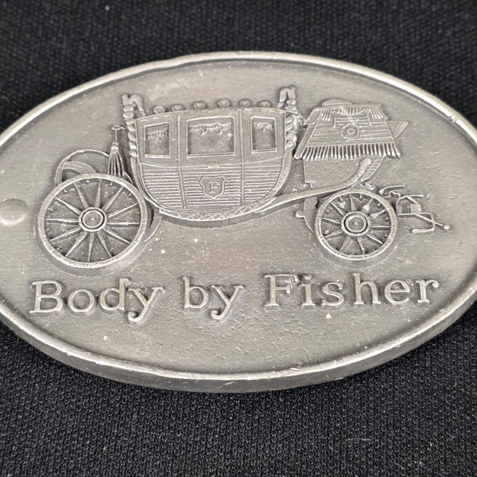 Body by Fisher Belt Buckle Pewter 3.5×2.25in Vintage Coach Car Engraved