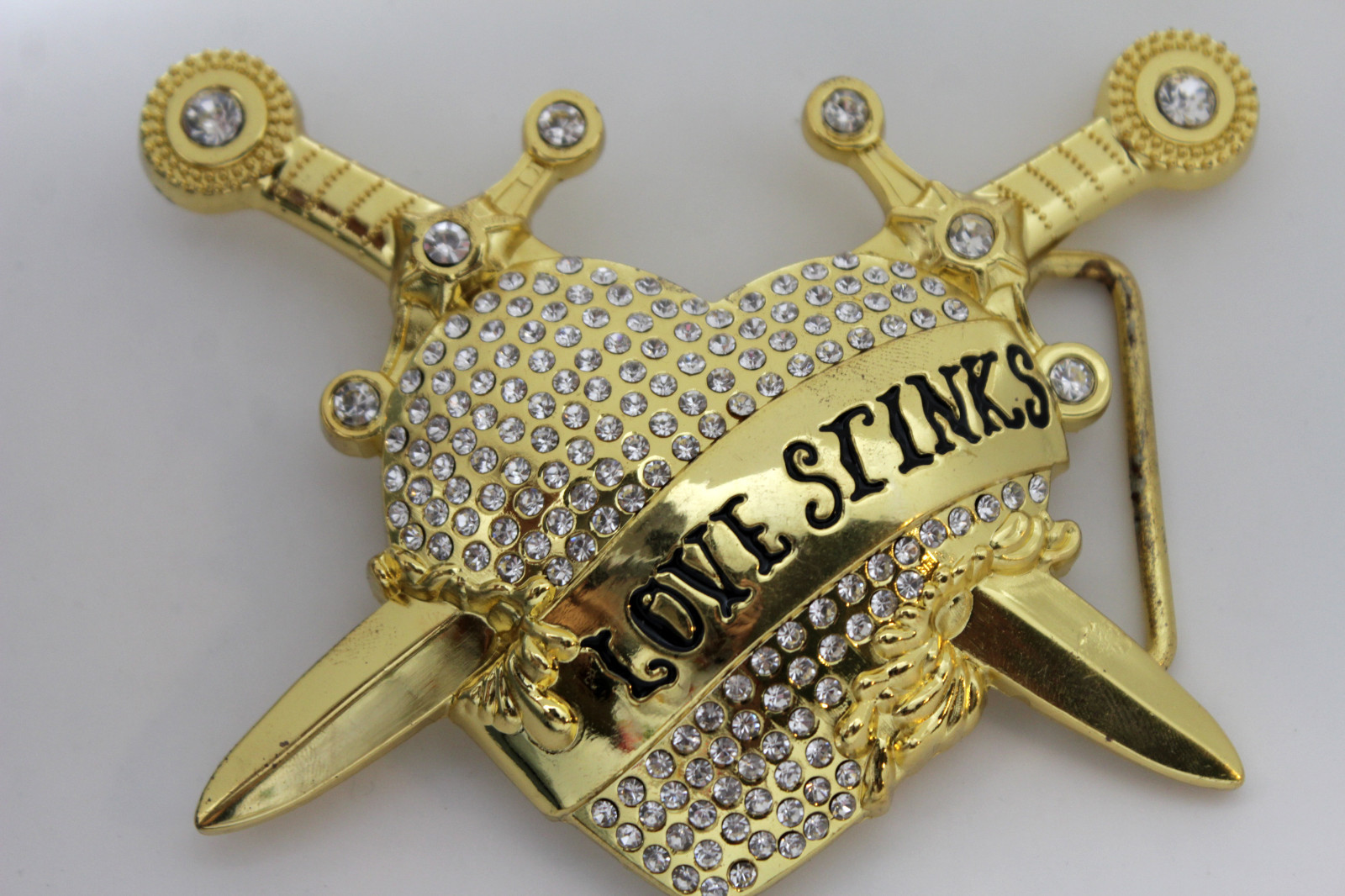 Men / Women Big Gold Metal Belt Buckle Heart Bling Silver Rhinestone Love Stinks