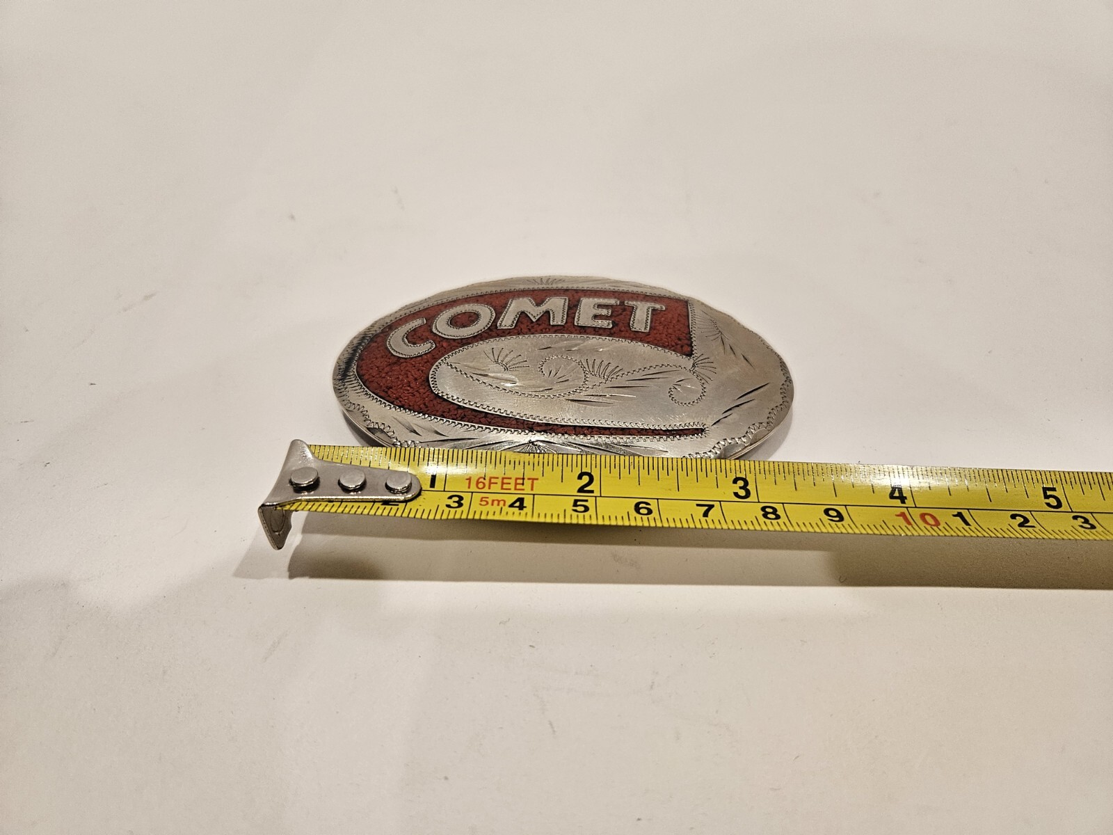 COMET Red Coral Chip Inlaid Hand Engraved Custom Belt Buckle Vintage Silver Tone