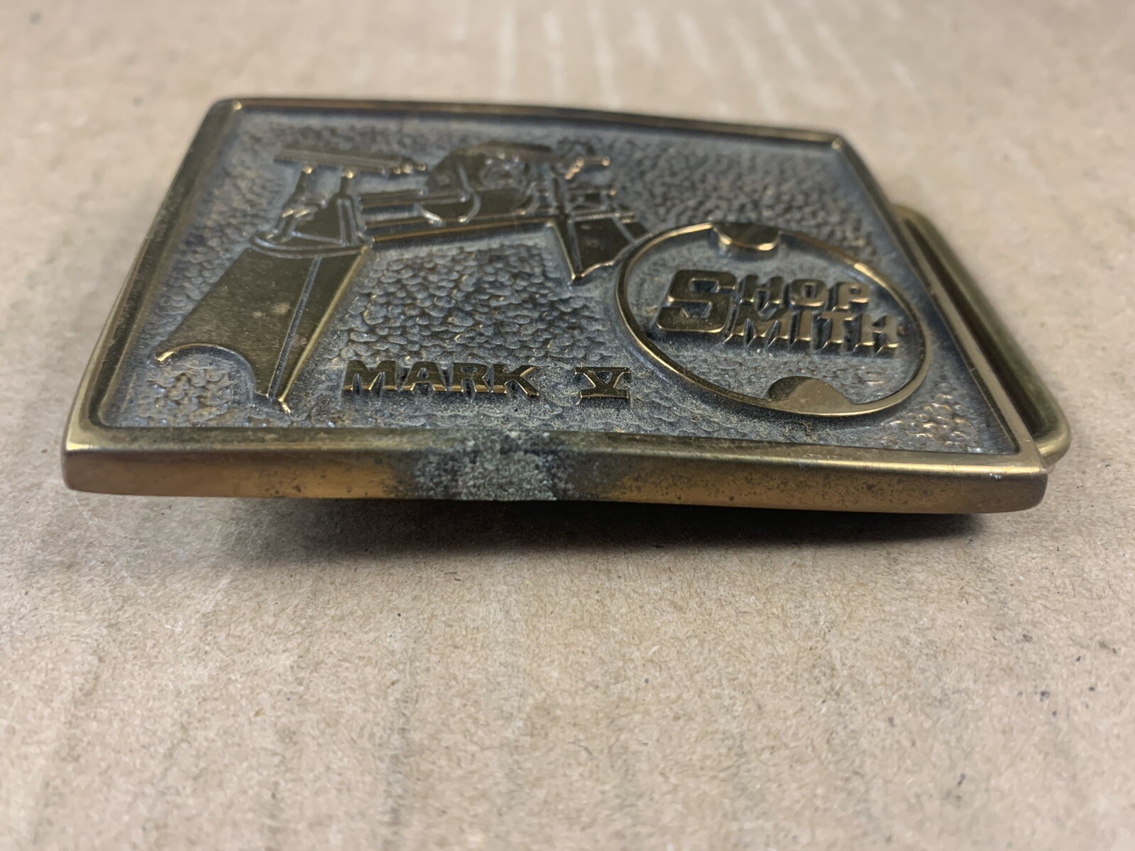 Vintage Brass Shop Smith Mark 5 USA Teacher Tool Belt Buckle HTF Dad Gold Tone