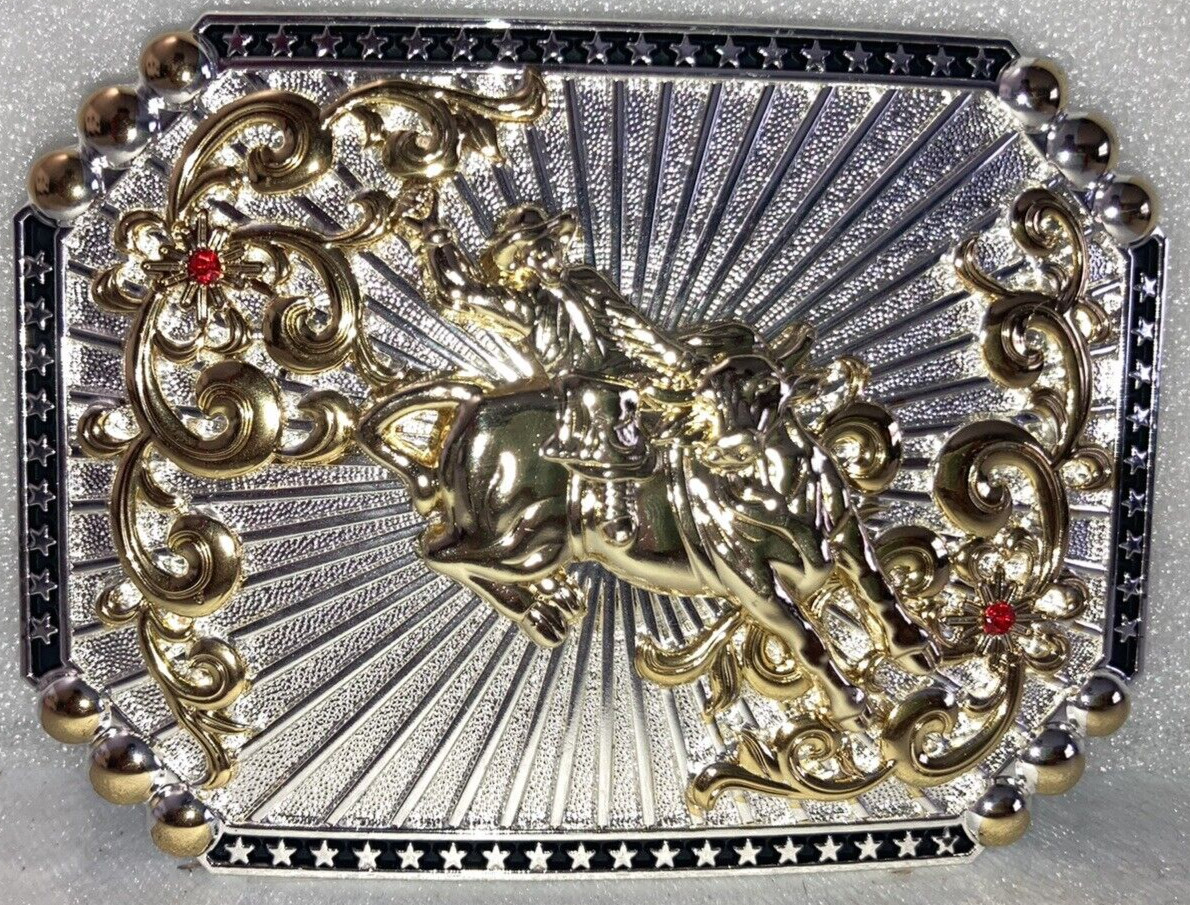 Western BULL Riding Gold & Silver Engraved Cowboy Belt Buckle HEBILLA VAQUERA NW