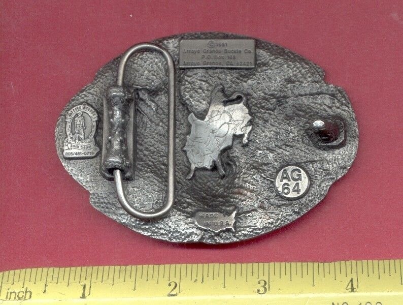 Rare 1991 « RODEO » – 3D Pewter Type BELT BUCKLE by ARROYO GRANDE – Bull Rider USA