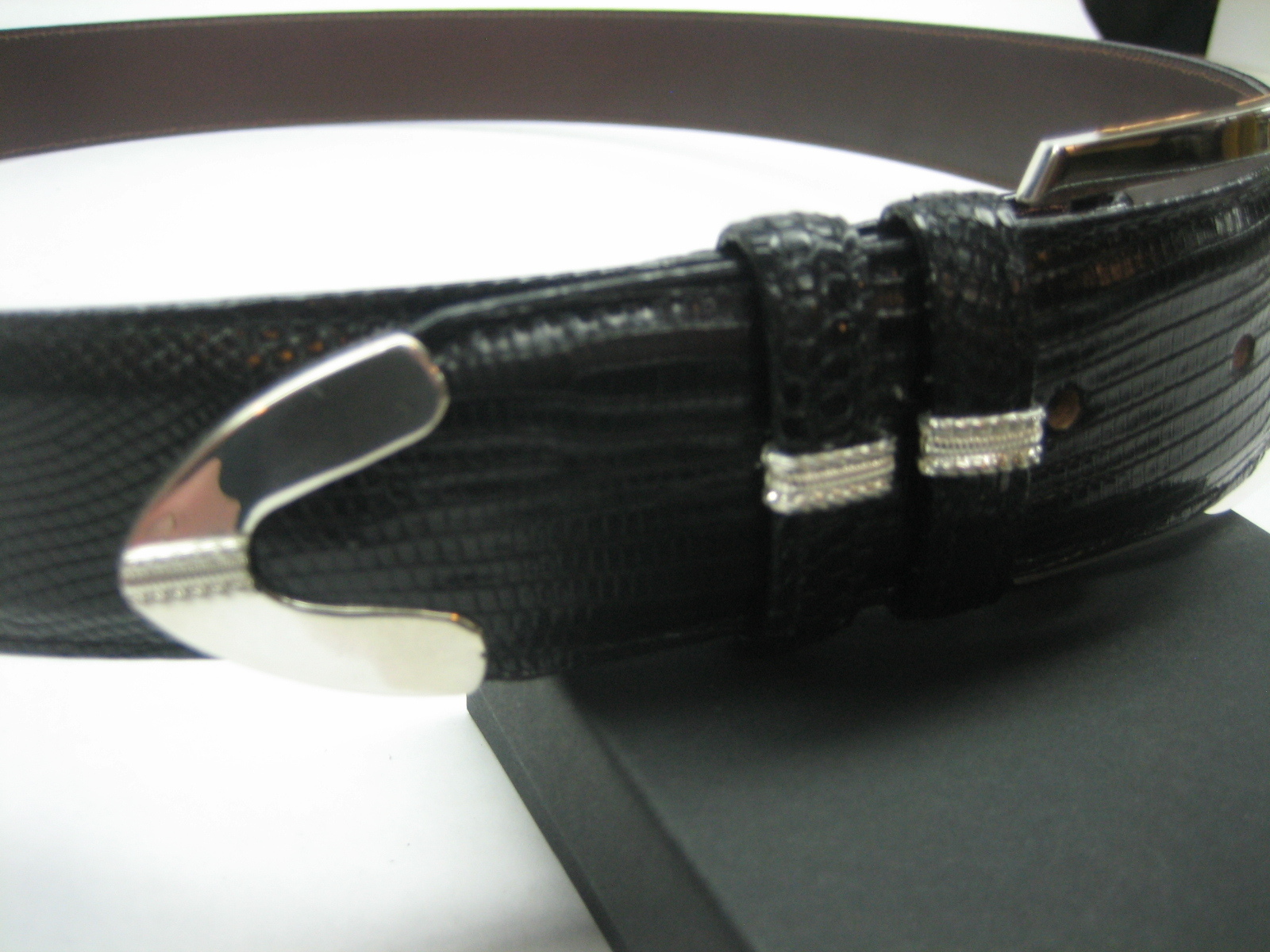 STERLING SILVER 925 BUCKLE TWO LOOP AND TIP SET & GENUINE LIZARD 1.5&Prime; BELT U.S.A