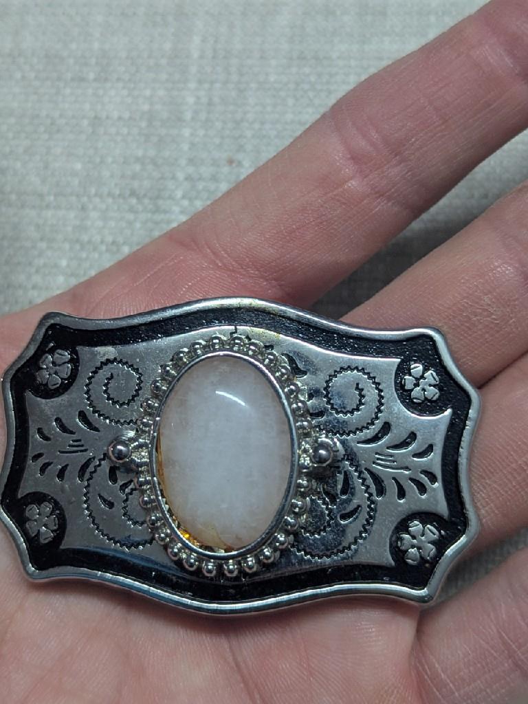 vintage GEMSTONE pink QUARTZ belt buckle WESTERN handcrafted cowboy