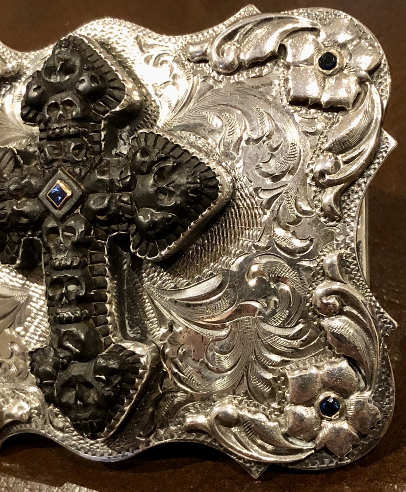 $8K JW Cooper / Comstock Heritage Hand Carved Jet Stone Cross-Skull Belt Buckle