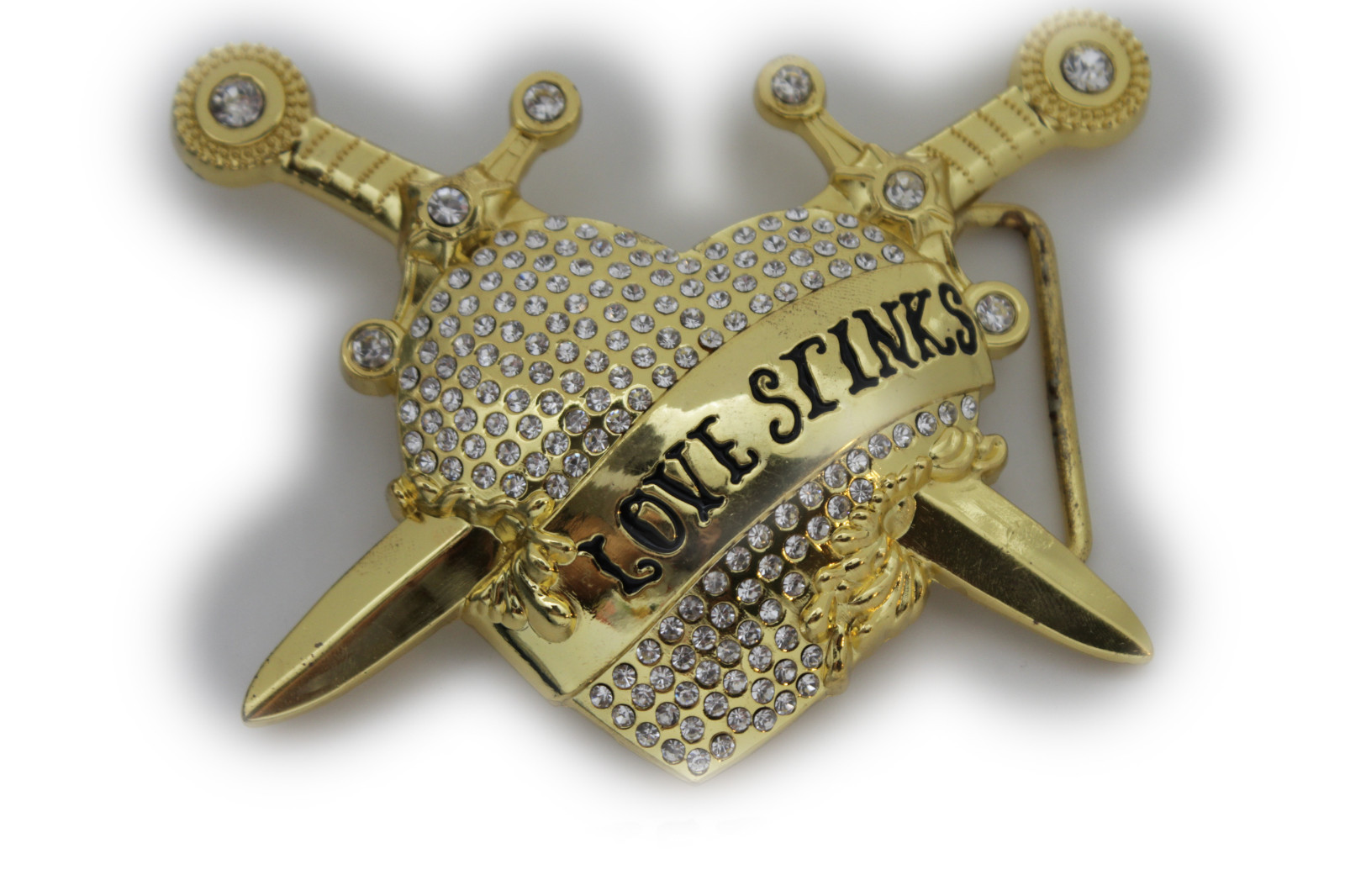 Men / Women Big Gold Metal Belt Buckle Heart Bling Silver Rhinestone Love Stinks