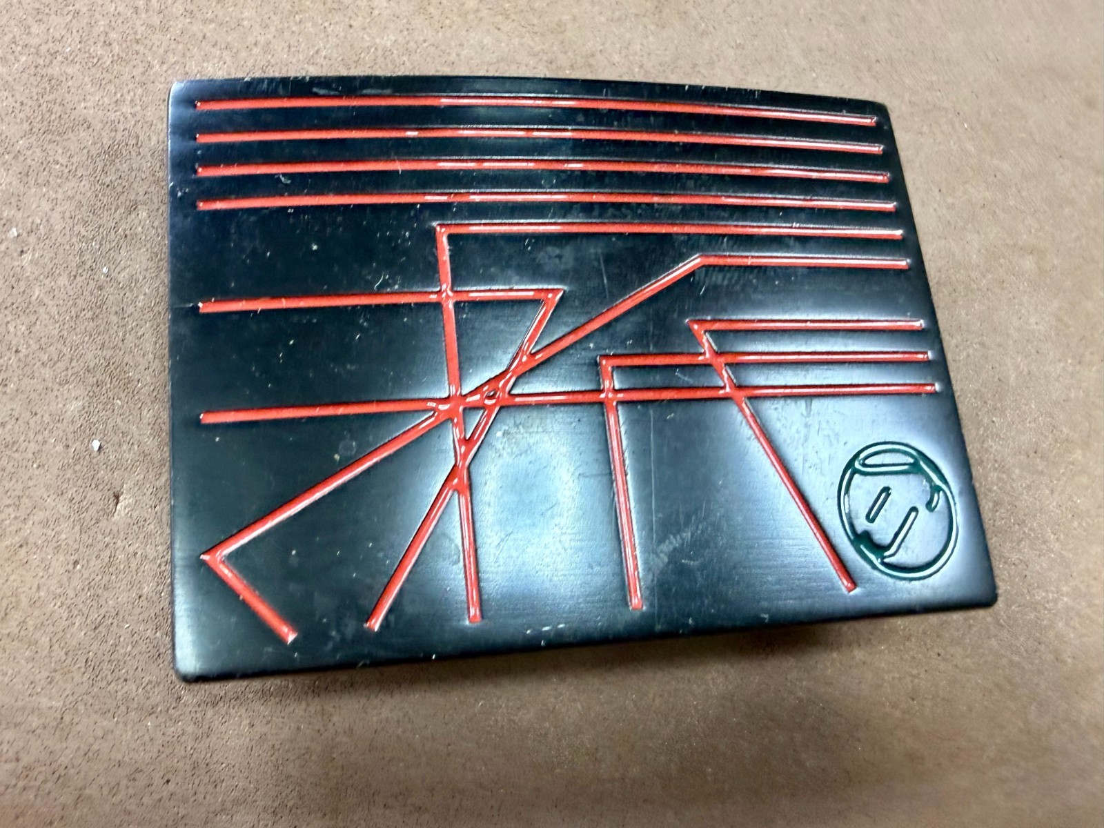 Unknown to me! Geometric Abstract Lines Red Over a Black Enamel Belt Buckle