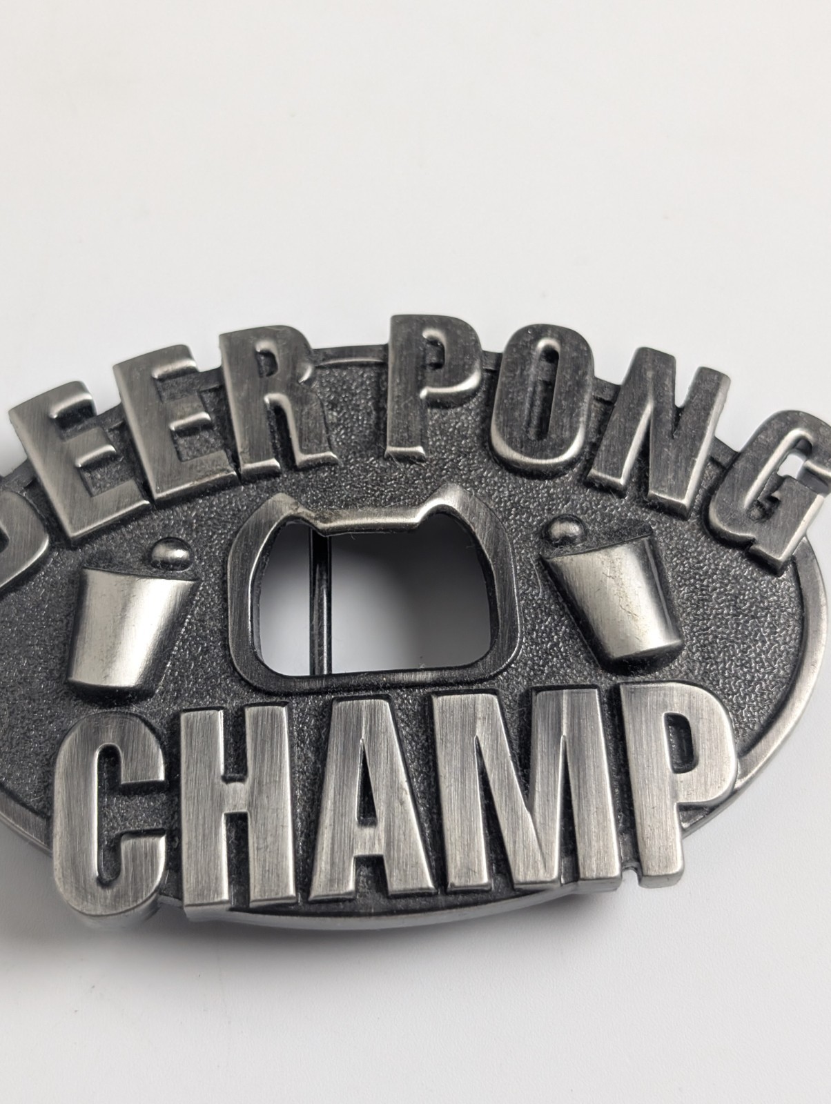 Beer Pong Champ Belt Buckle with Built-in Bottle Opener – Kalan – Pewter Tone