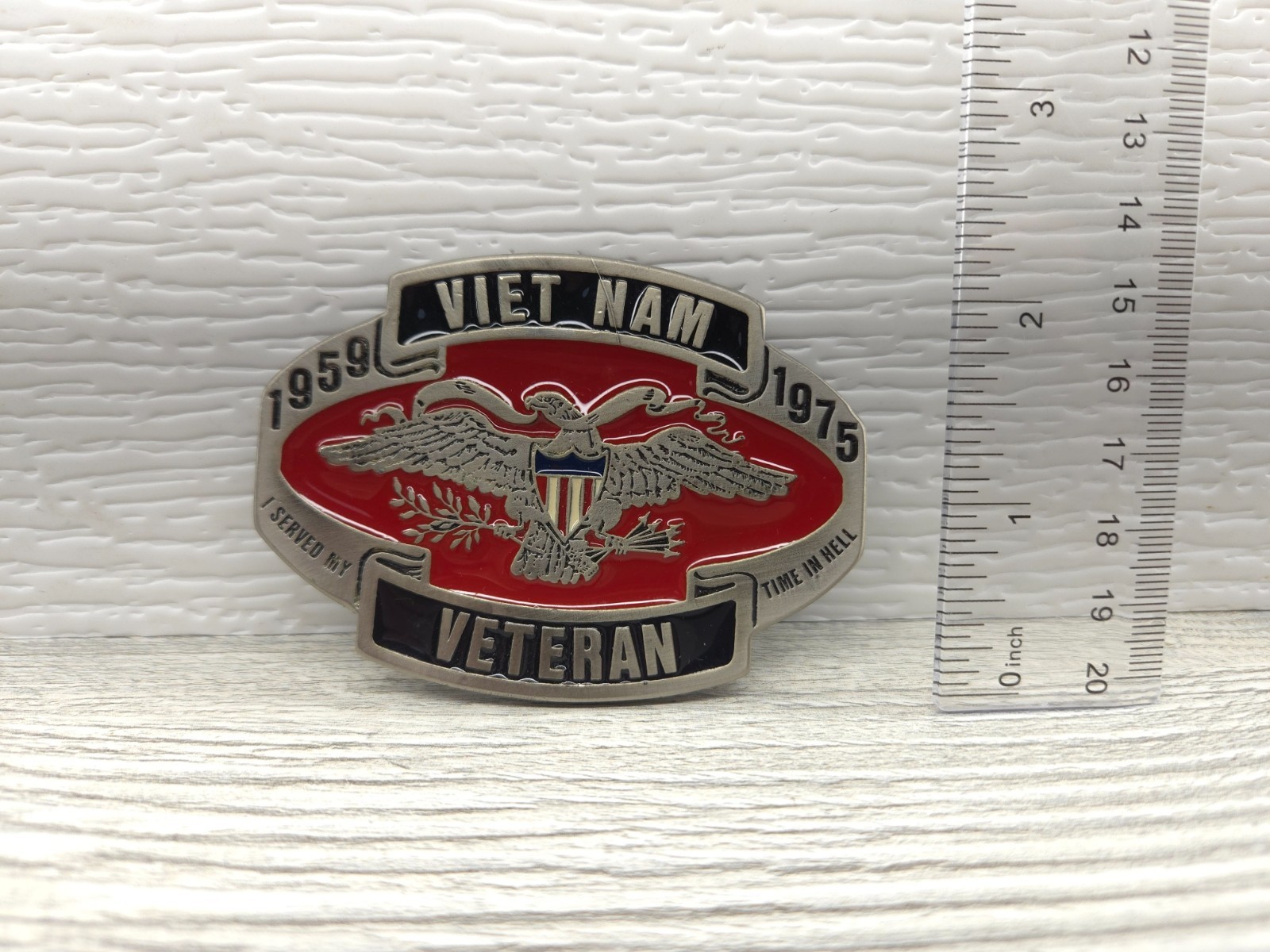 Vietnam Veteran Belt Buckle Eagle Red Enamel 1959–1975 Military Commemorative