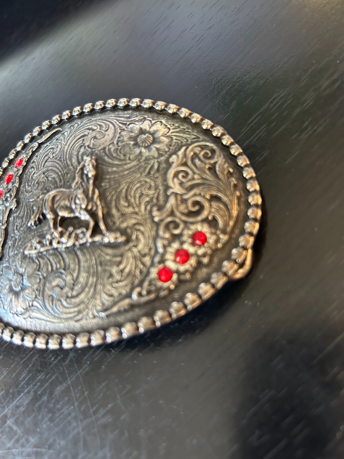 Vintage Collectible Horse Rhinestones Flowers Silver Tone Metal Belt Buckle