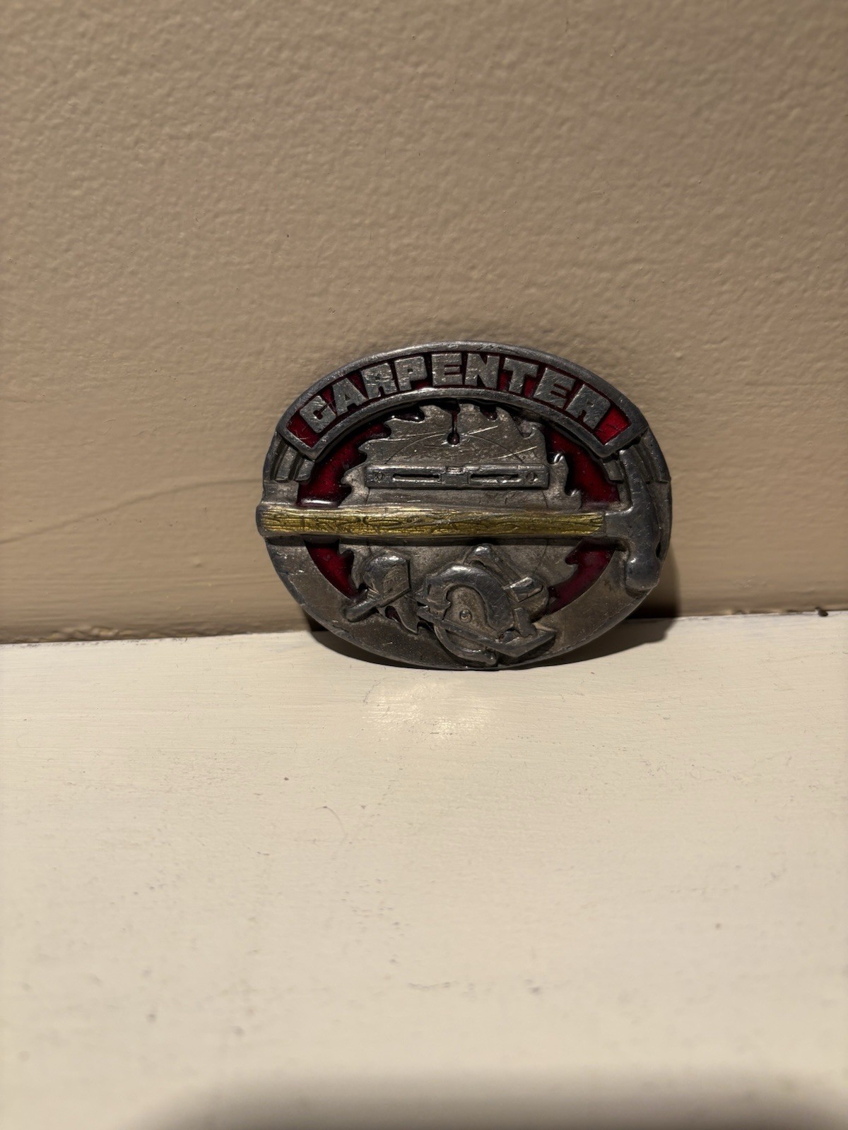 1991 Vintage Pewter Belt Buckle Carpenter Woodwork Saw Blade Pattern