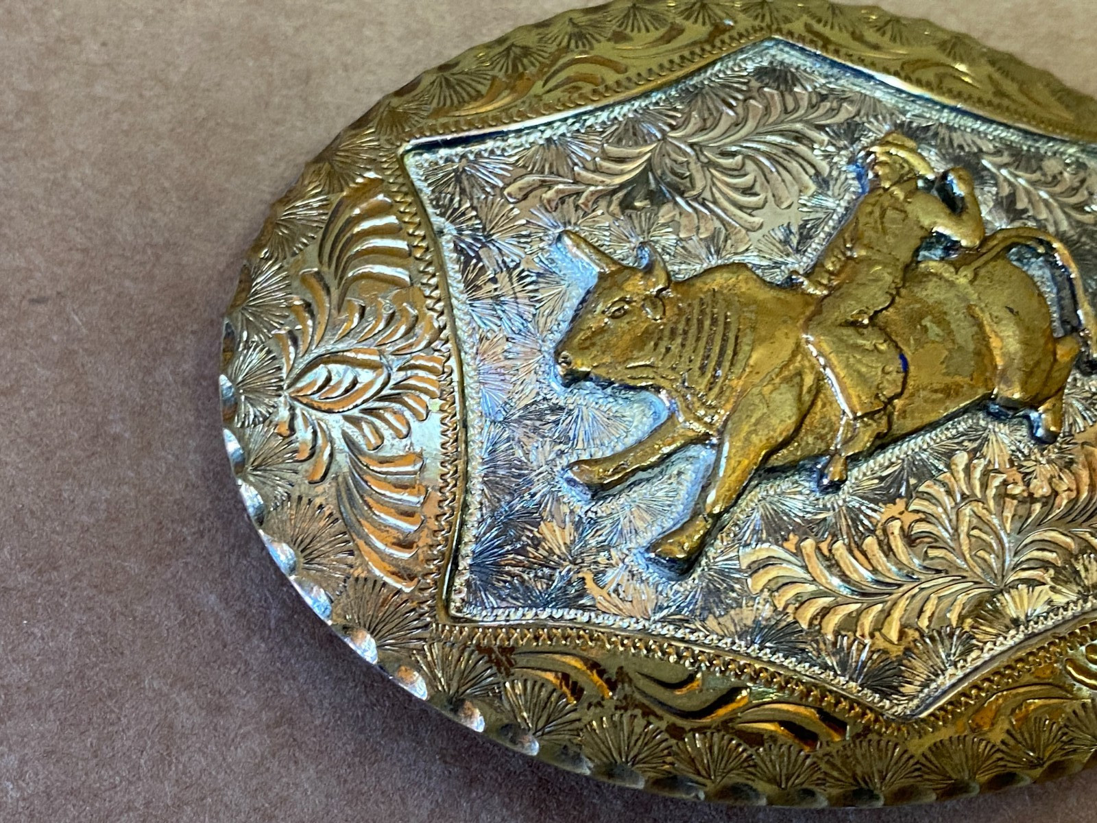 Vtg GERMAN SILVER Rodeo WESTERN Horse BELT BUCKLE Sterling Silver Plate GoldTone