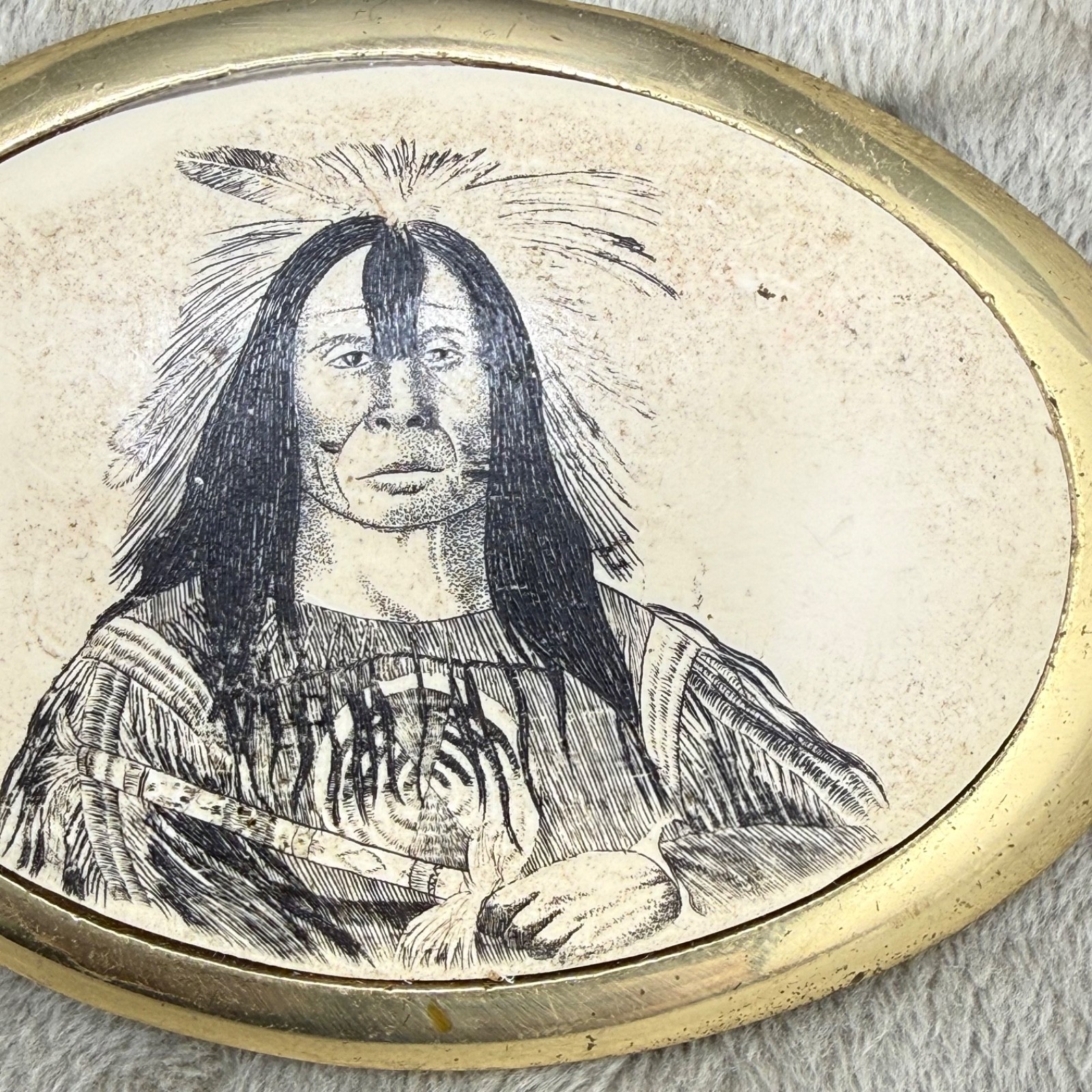 Vintage Etched Resin Buckle Native American Gold Tone Baron Buckles