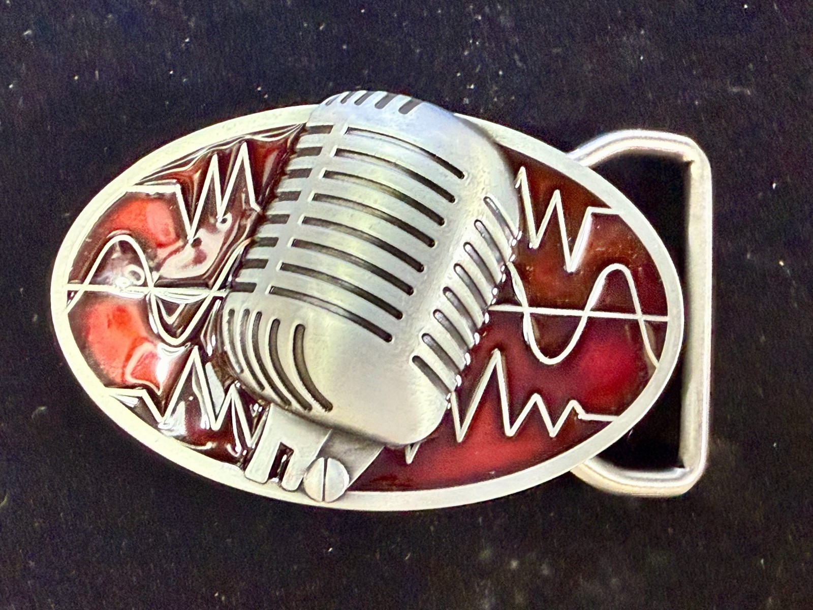 Retro Music Elvis Style Microphone Red Enameled Musician Ribbon Mic Belt Buckle