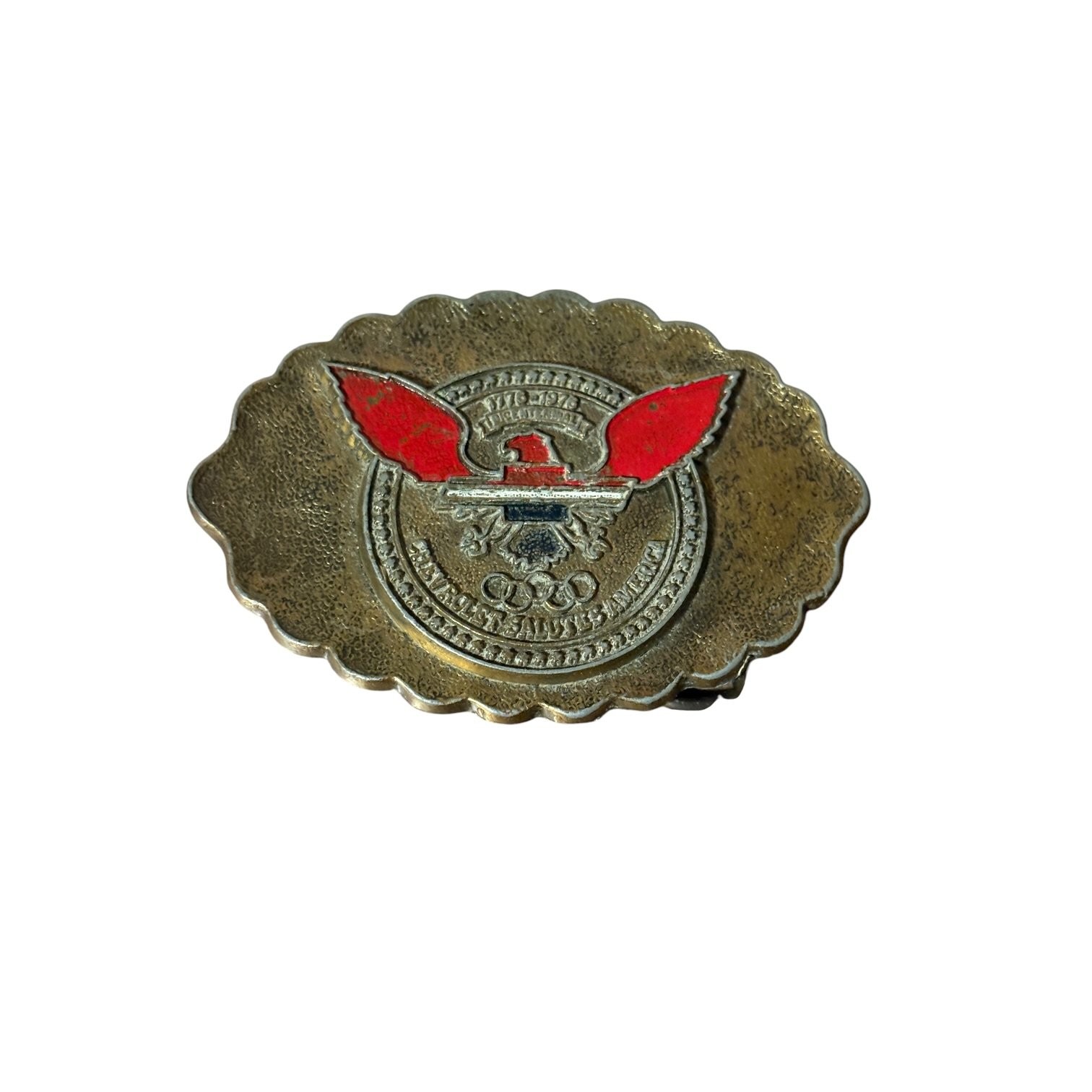 R.J. Roberts Chevrolet Co. Belt Buckle Eagle Olympic Rings Brass Red Enamel
