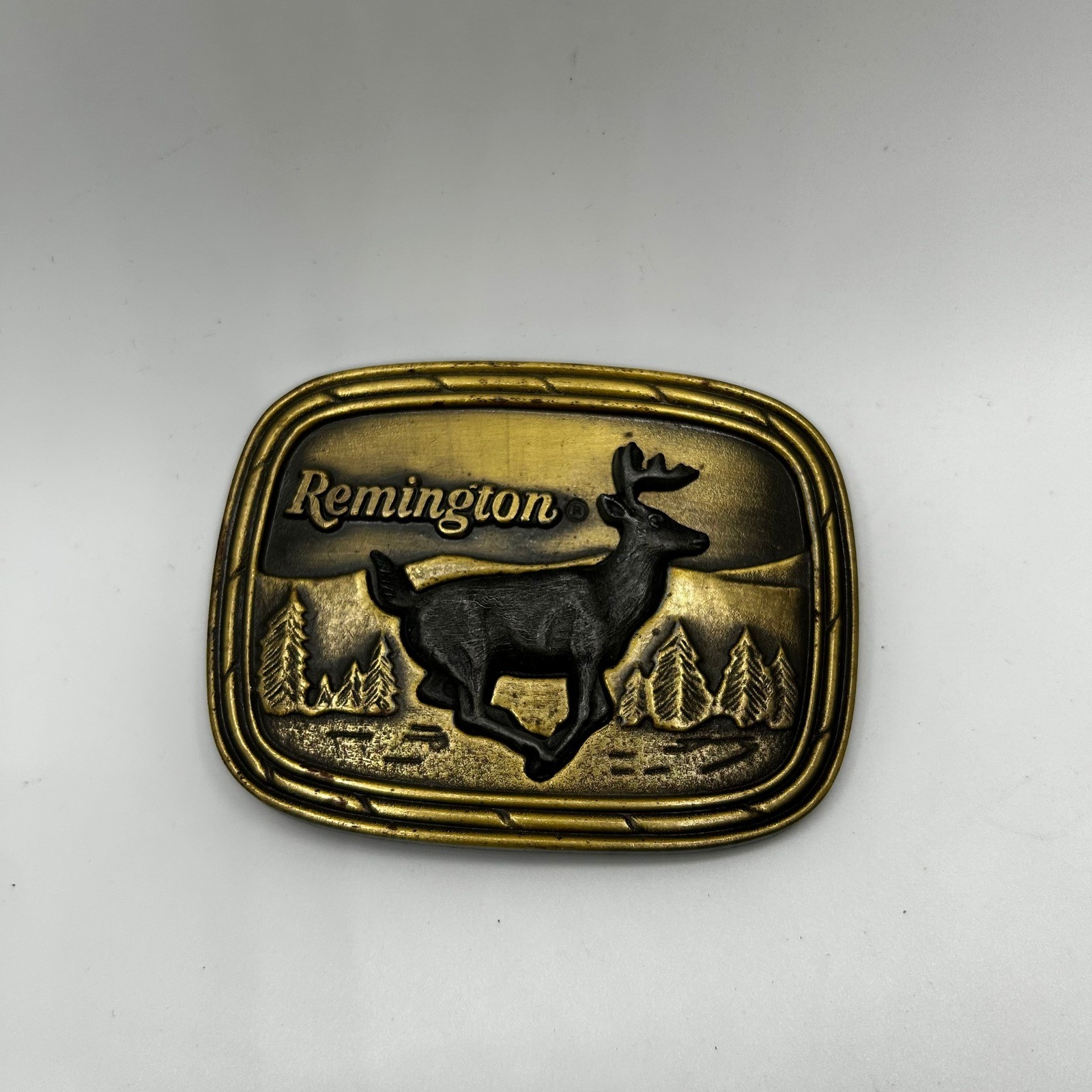 Vintage 1979 Remington Sid Bell Running Deer Brass Belt Buckle Hunting Wildlife