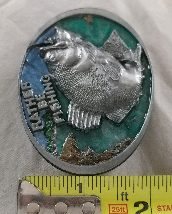 RATHER BE FISHING JUMPING FISH BASS TROUT FISHERMAN BELT BUCKLE MADE IN USA 1988