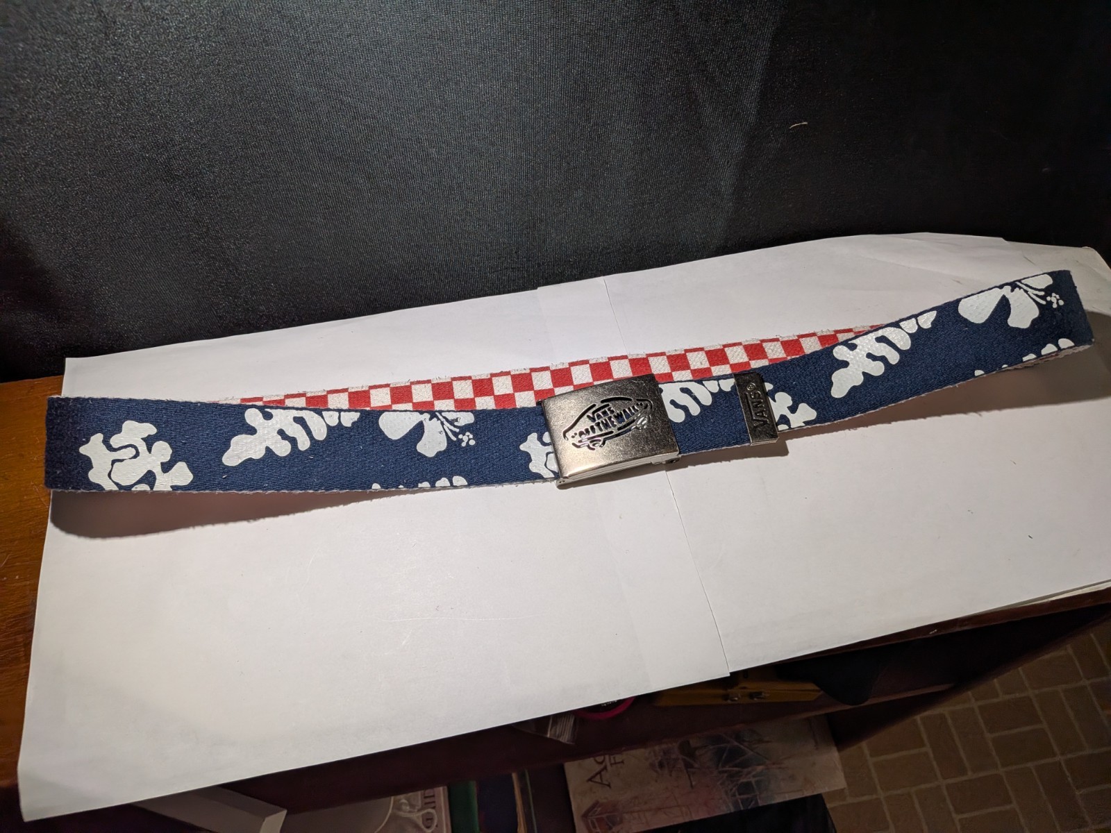 VANS OFF THE WALL BELT & BUCKLE RED CHECK BLUE FLORAL DESIGN