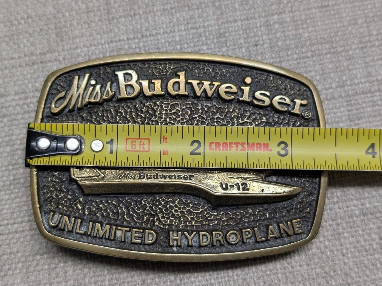 vintage USA made MISS BUDWEISER belt buckle UNLIMITED HYDROPLANE solid brass