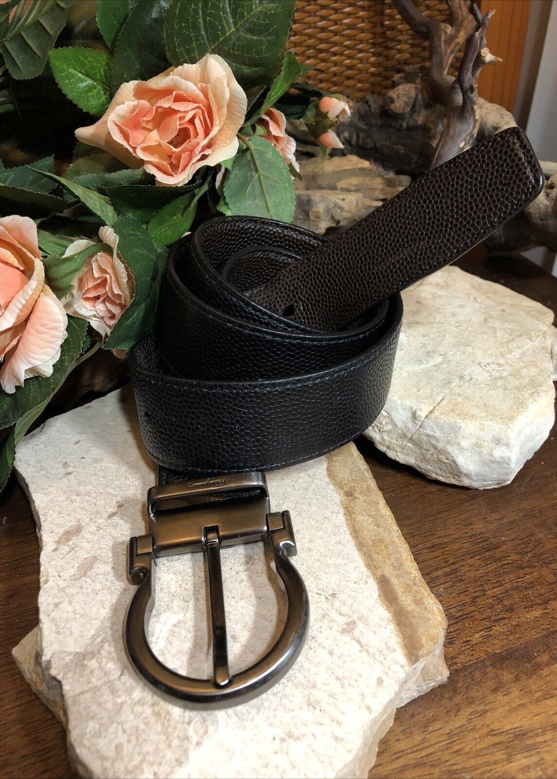 Salvatore Ferragamo Gun Metal tone Buckle black Brown leather removable belt