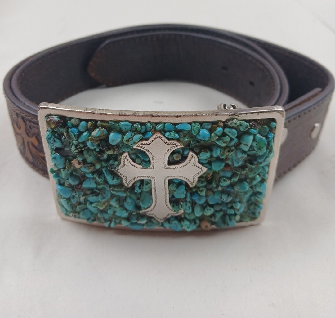 Nocona Silver Tone Western Cross Turquoise Inlay Rectangular Large Belt Buckle
