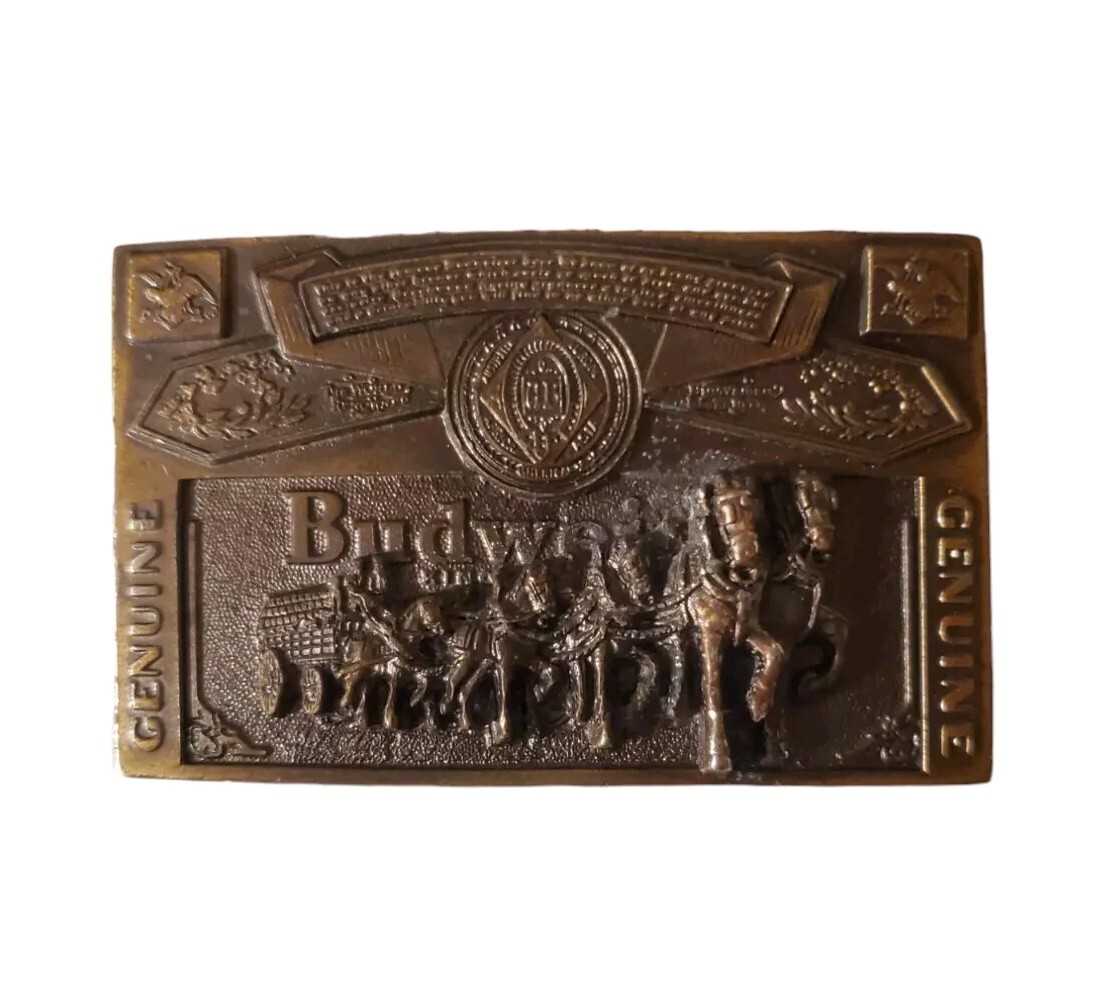 Genuine BUDWEISER Beer Brass Belt Buckle (1982; Serial No. 820) 2 1/8&Prime; X 3 1/2&Prime;