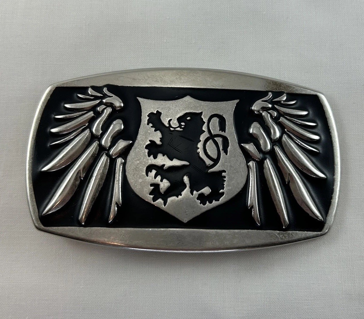 VTG Biker Rampant Lion Crest Shield Design Silver Black Enameled Belt Buckle