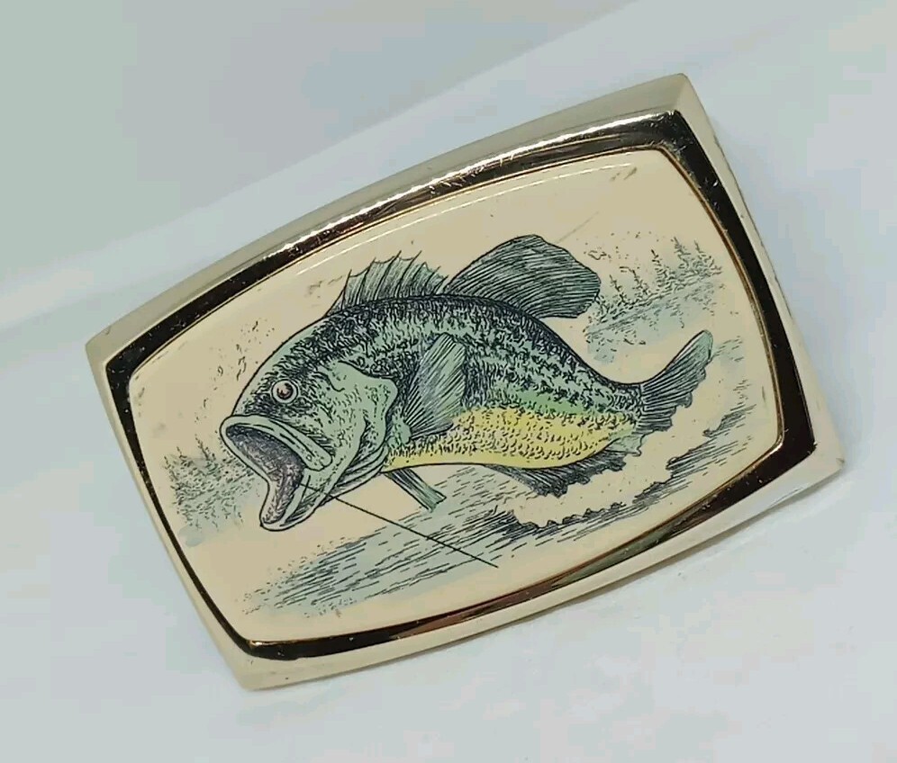 Vtg. RAINTREE ?Gold TnedMetal Ivory Color Large Mouth Bass Belt Buckle. Intricat