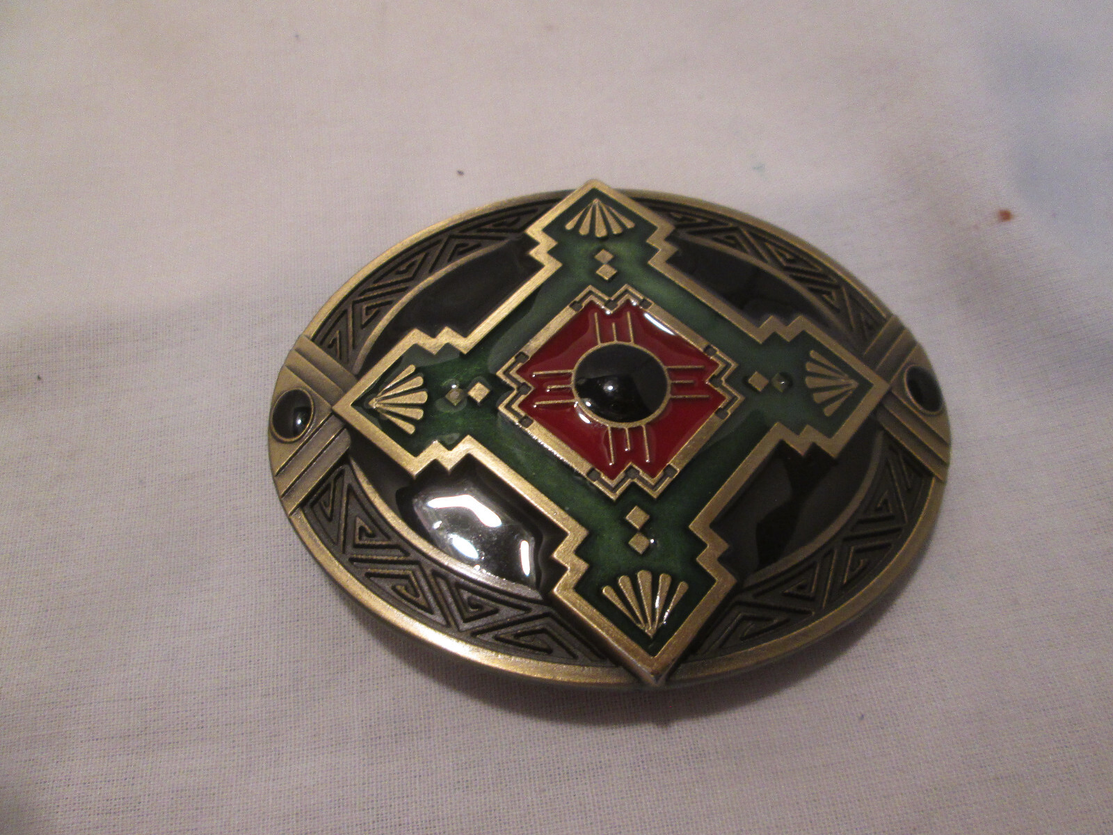 Southwestern Native American Design Belt Buckle Red Green Black Enamel Western