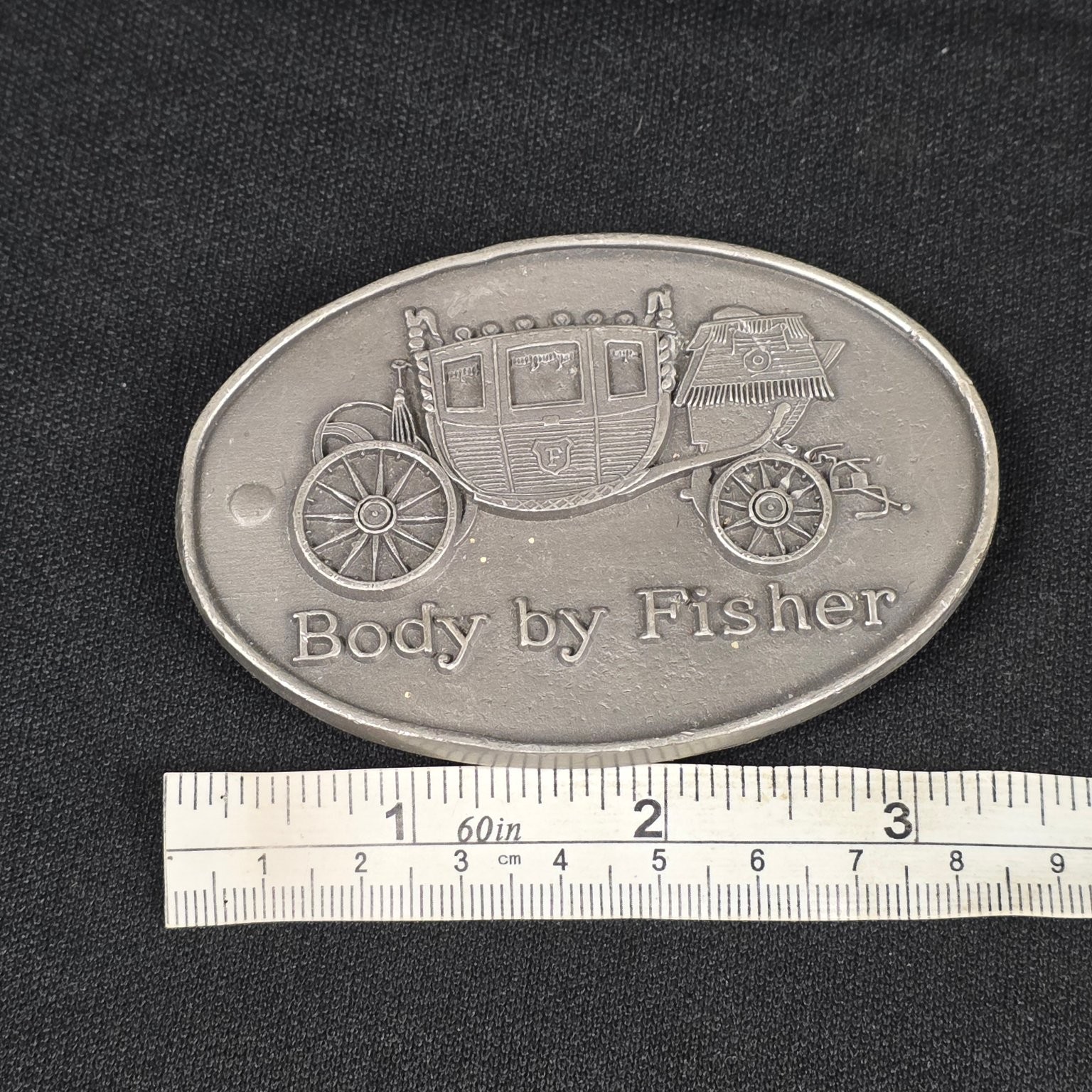 Body by Fisher Belt Buckle Pewter 3.5×2.25in Vintage Coach Car Engraved