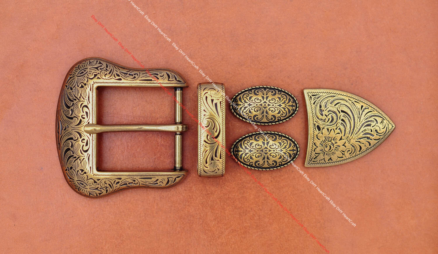 Antique Brass Western Cowboy Rodeo Floral 5 pcs Set Belt Buckle fit 1-1/2&Prime; Belt