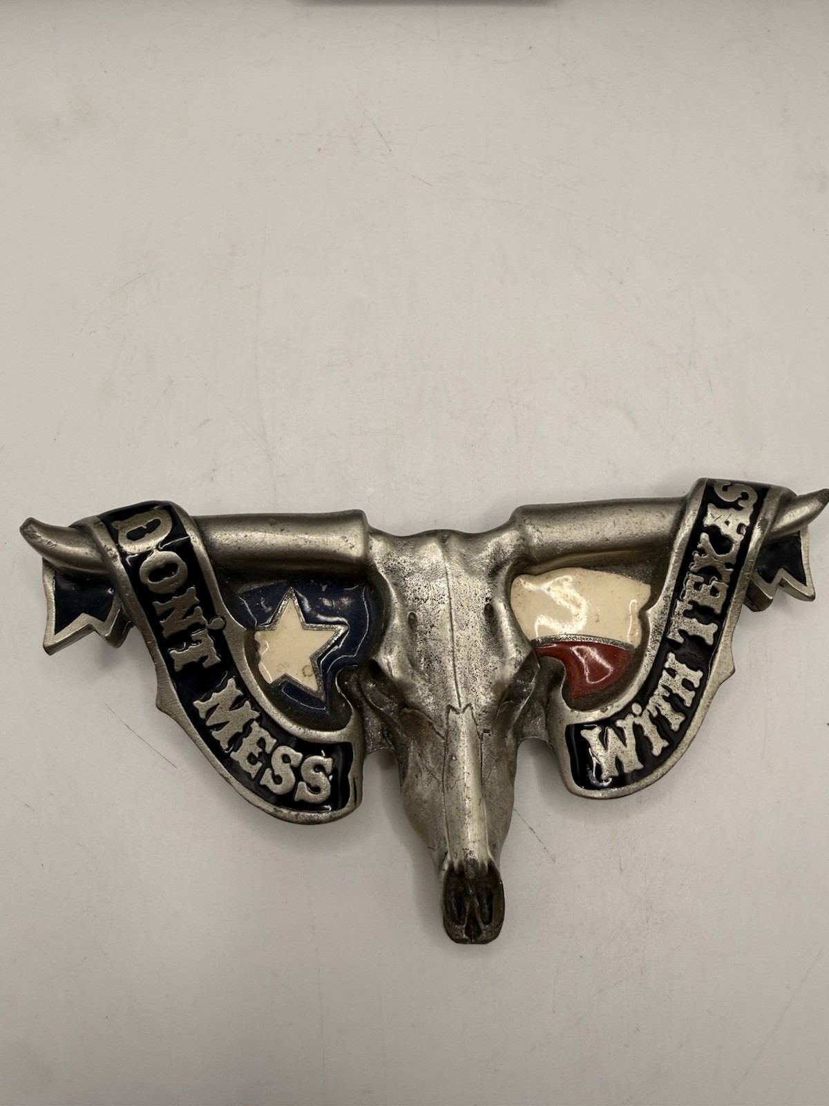 “Don’t Mess With Texas” Solid Fine Pewter Belt Buckle # 4498 Longhorn Skull