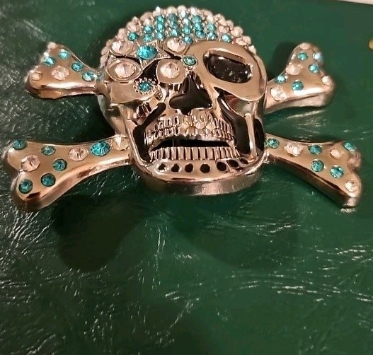 Skull Crossbones Rhinestone Belt Buckle Silver Tone Aqua White Heavy Metal