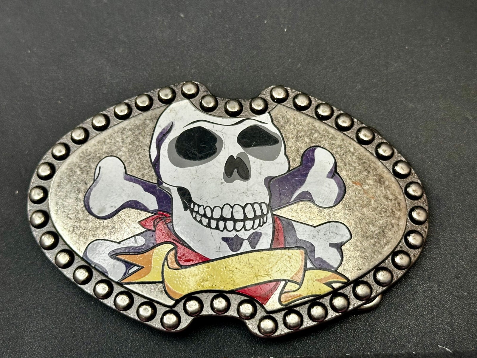 Smiling Skull Head Crossbones Ribbon Picture On Studded Unique Belt Buckle