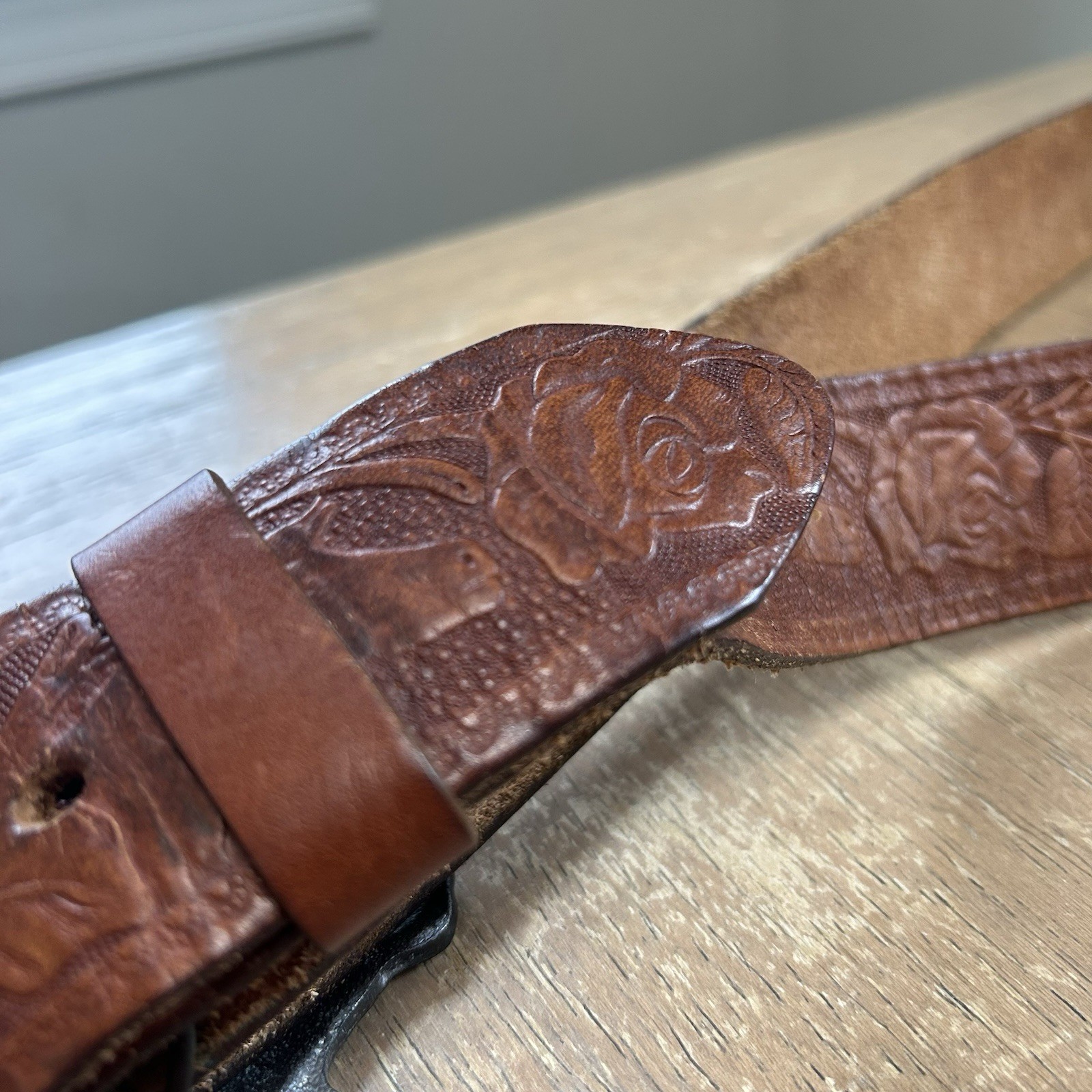 Brass Moose Belt Buckle w/Hand Tooled Brown Leather Western Wear Belt Size 40