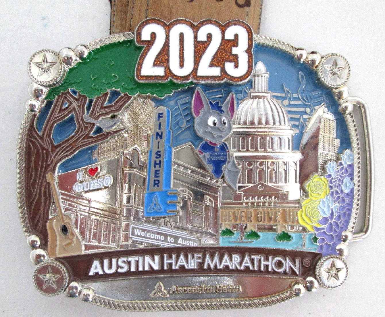 2023 Austin Half Marathon Belt Buckle w Lanyard Ribbon Running Texas Finisher