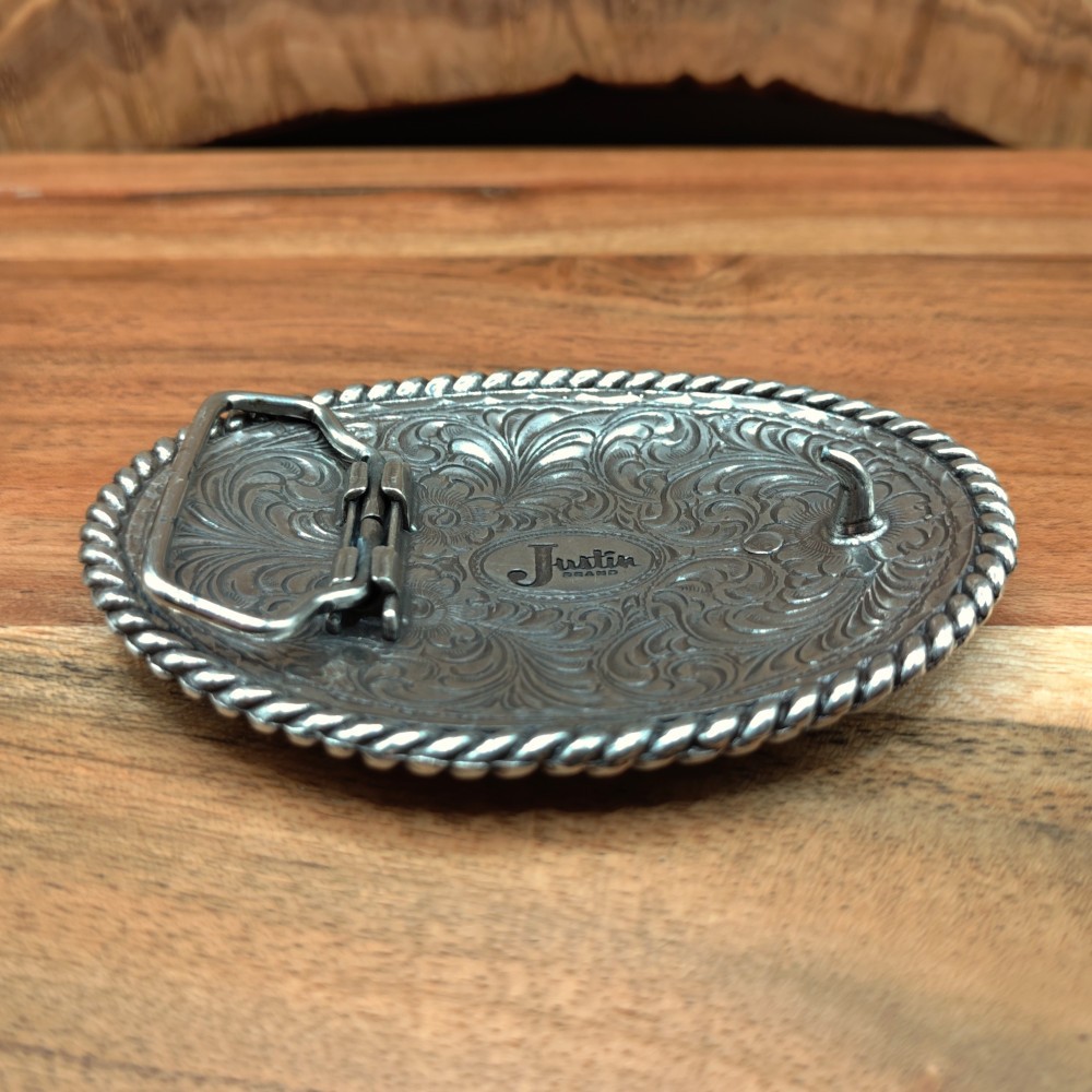 Large Oval Western Justin Engraved Floral Scroll Cowboy Belt Buckle