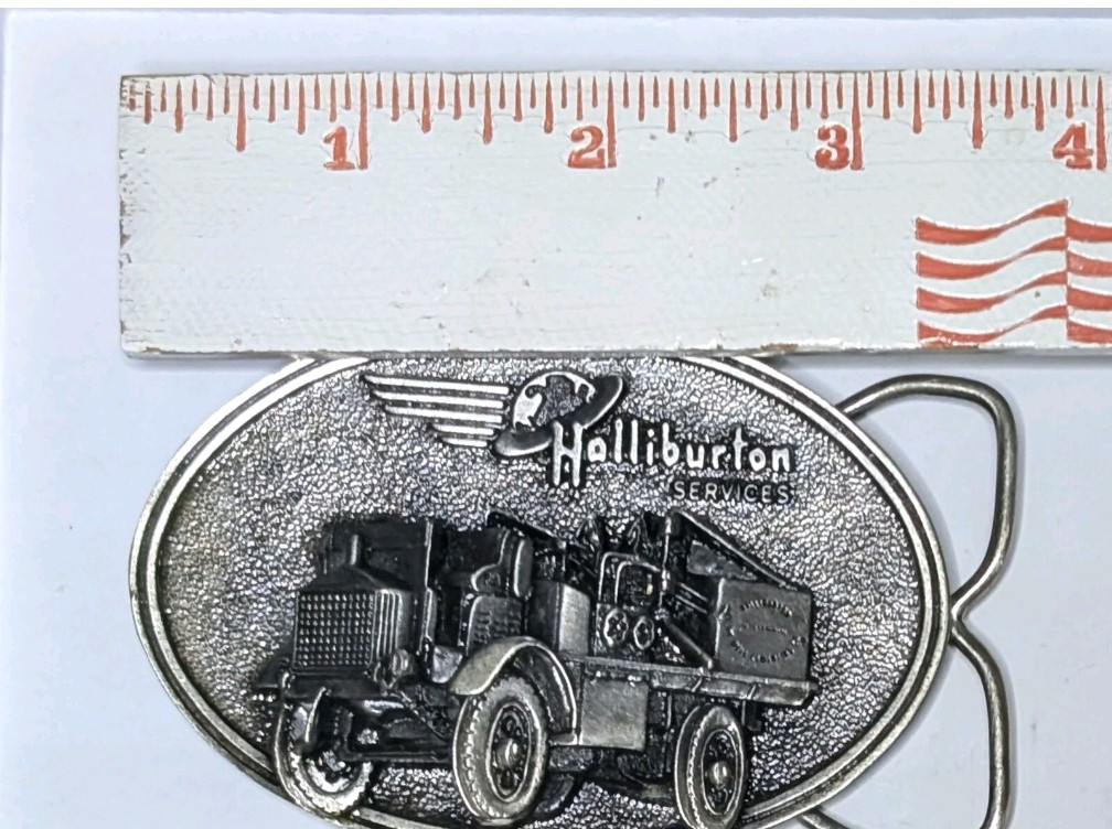 VIintage Halliburton Services Belt Buckle Mens Silver 1916 FWD Truck Pumper 80s